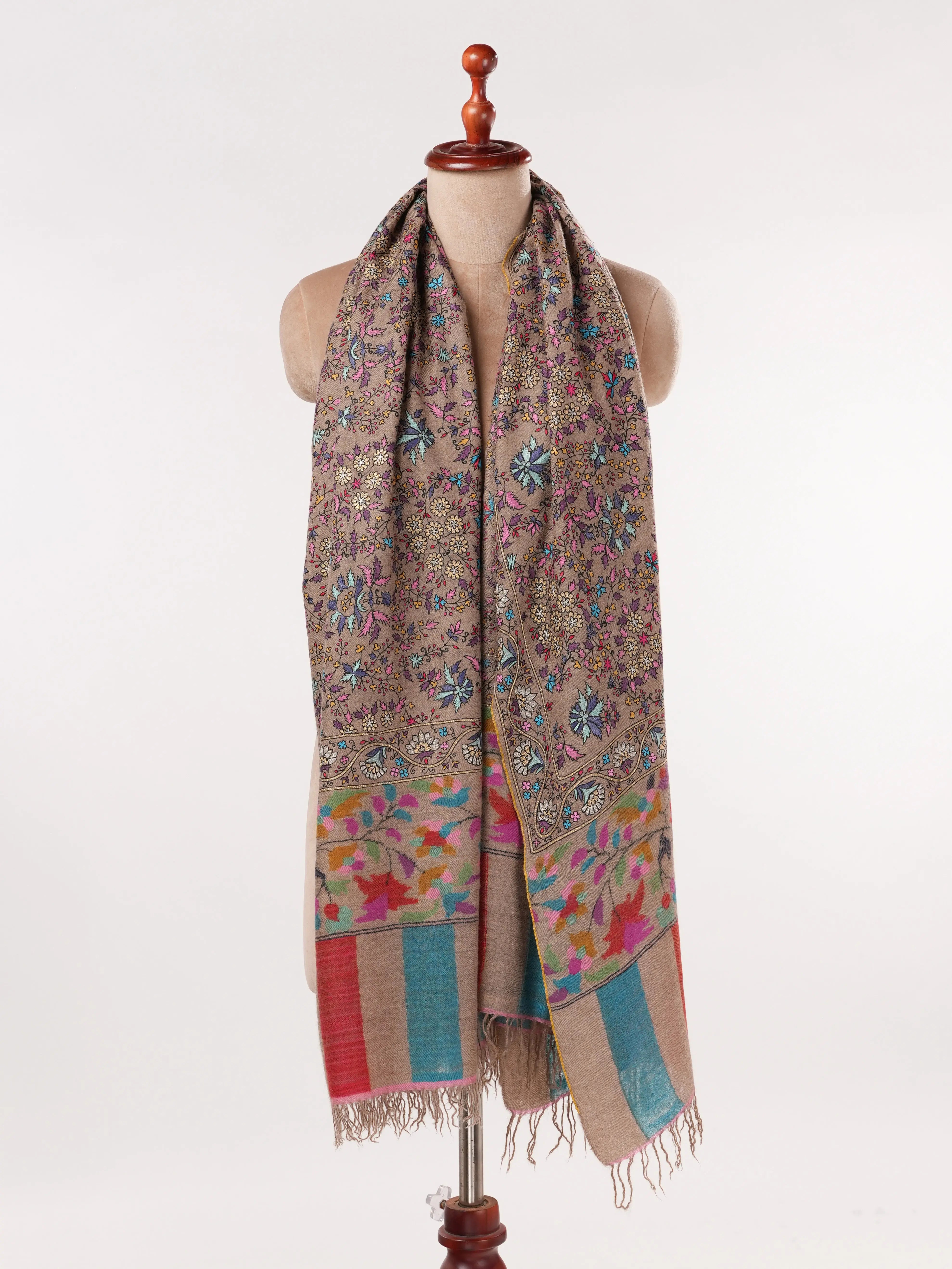Kalamkari Hand Embroidered Taupe Handwoven Pashmina Shawl Shahkaar.com