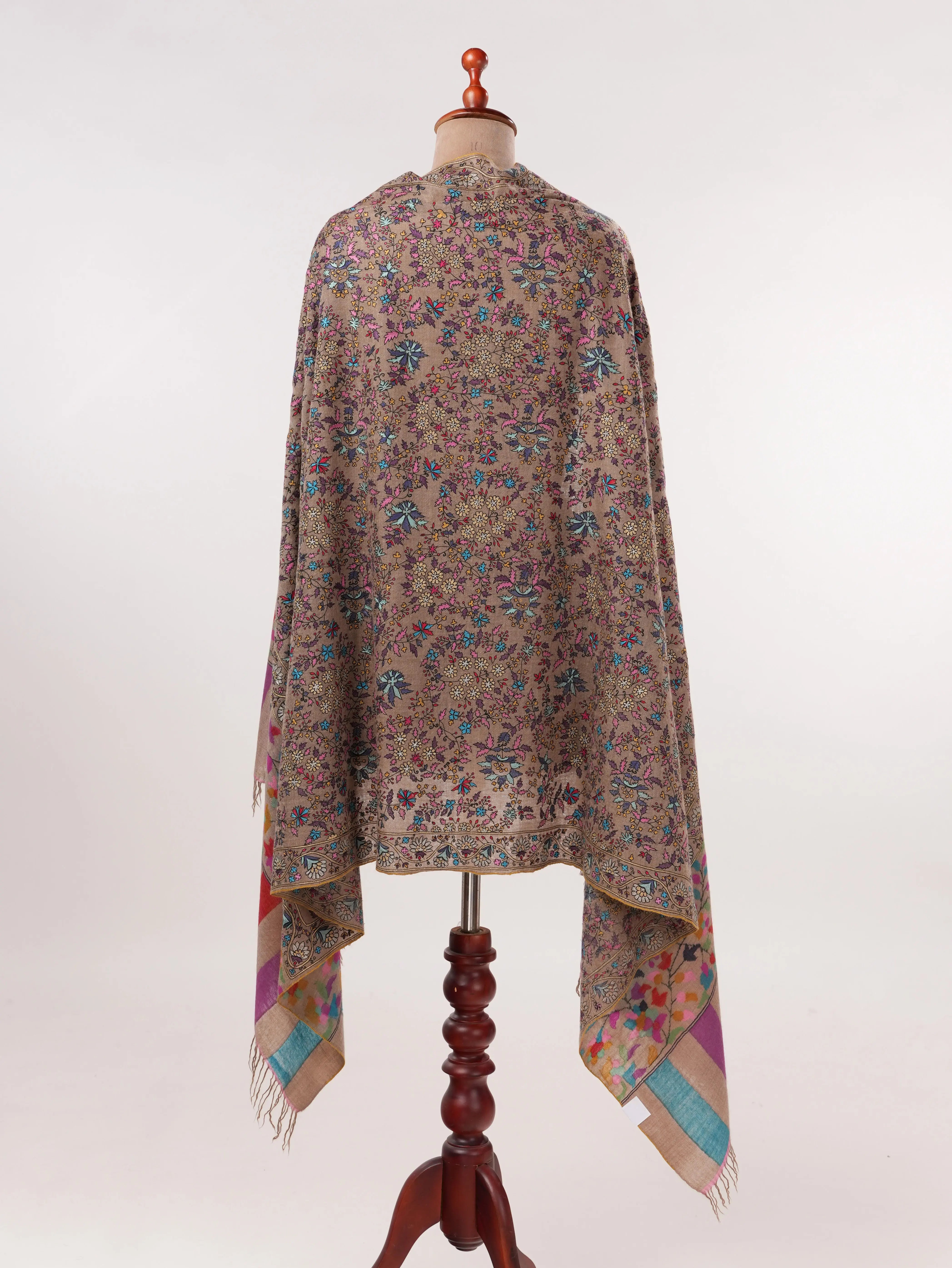 Kalamkari Hand Embroidered Taupe Handwoven Pashmina Shawl Shahkaar.com