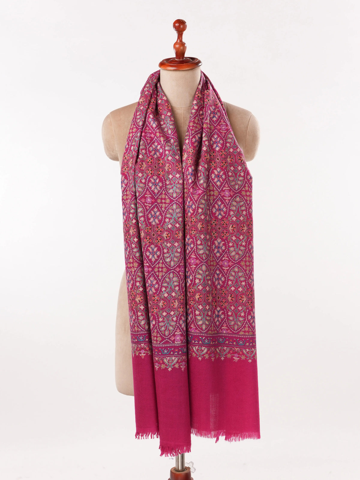 Deep Pink Pure Cashmere Scarf with Hook Embroidery
