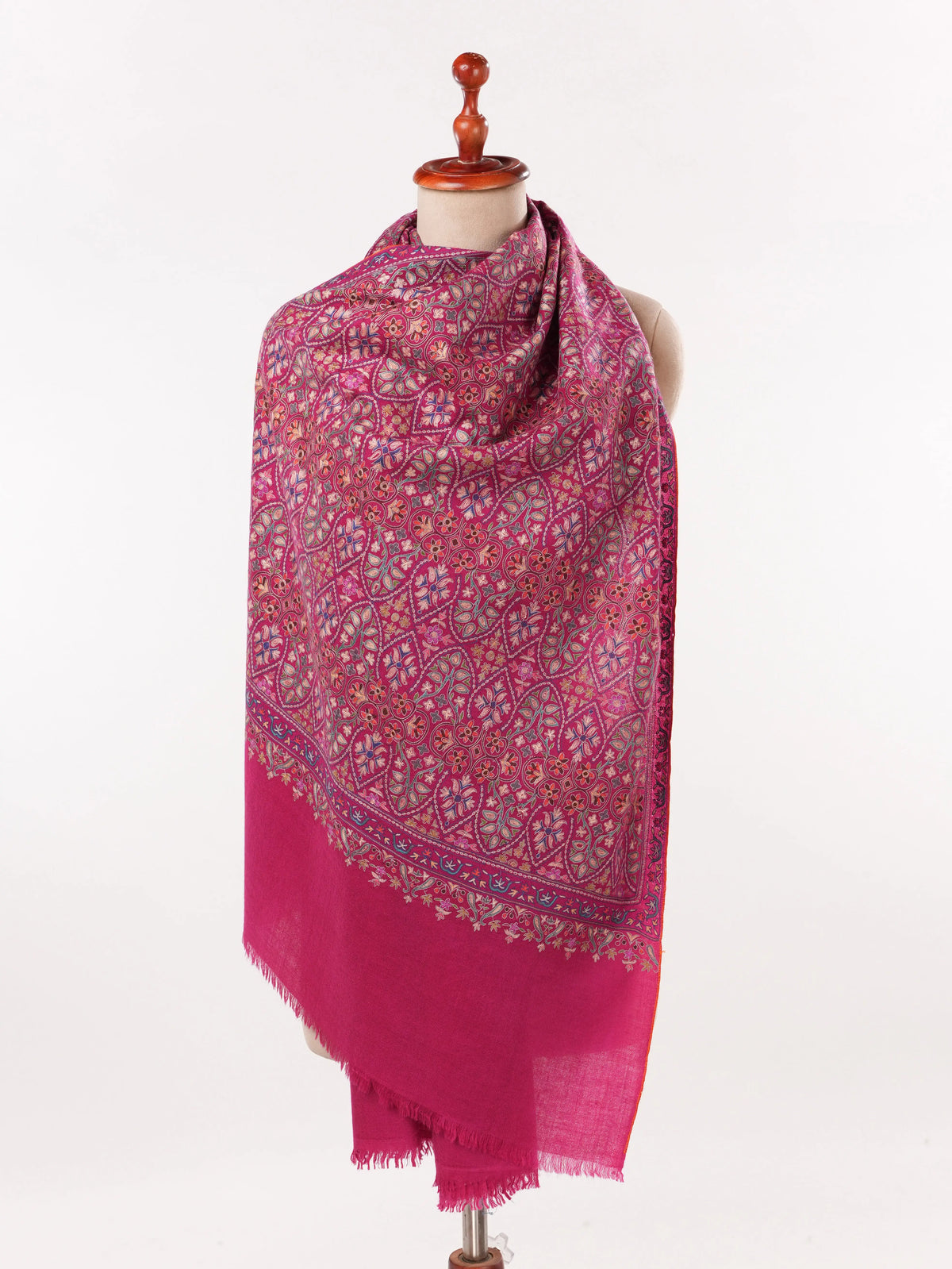 Deep Pink Pure Cashmere Scarf with Hook Embroidery