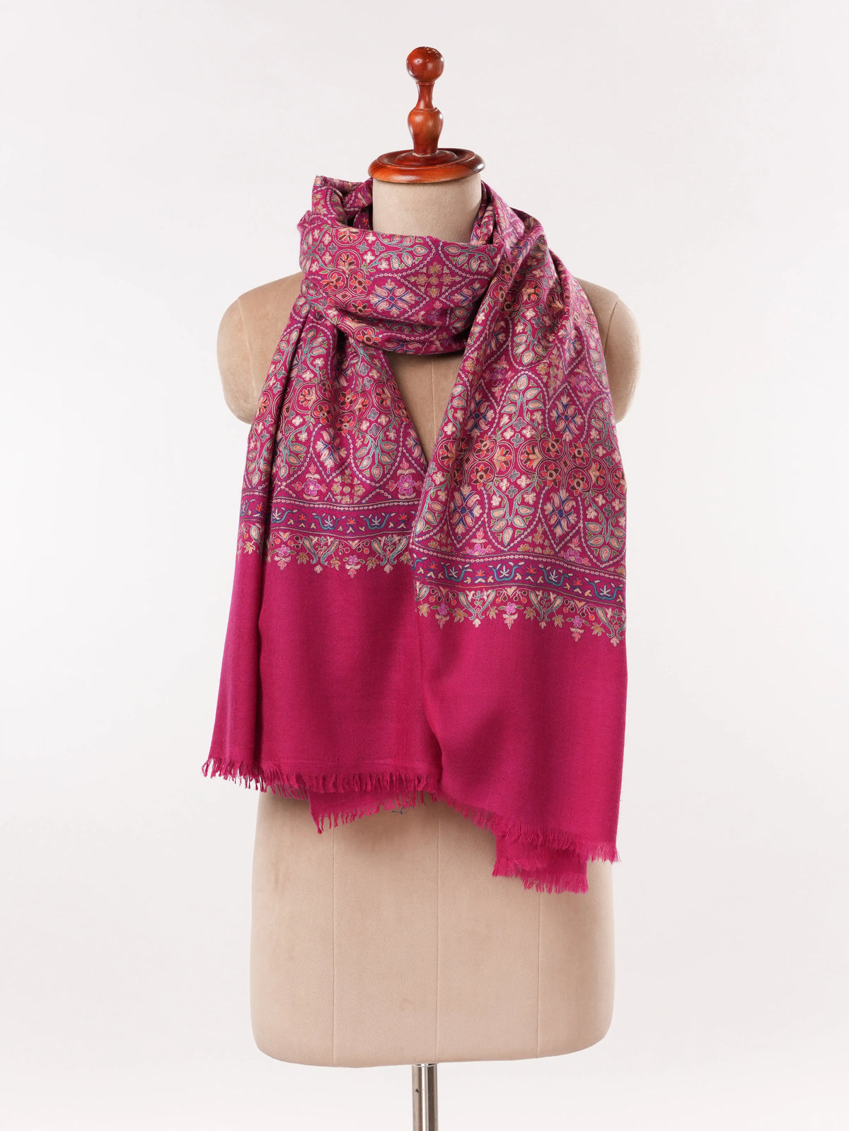 Deep Pink Pure Cashmere Scarf with Hook Embroidery