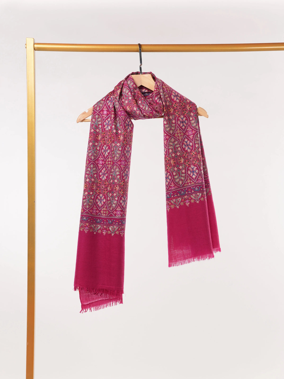 Deep Pink Pure Cashmere Scarf with Hook Embroidery