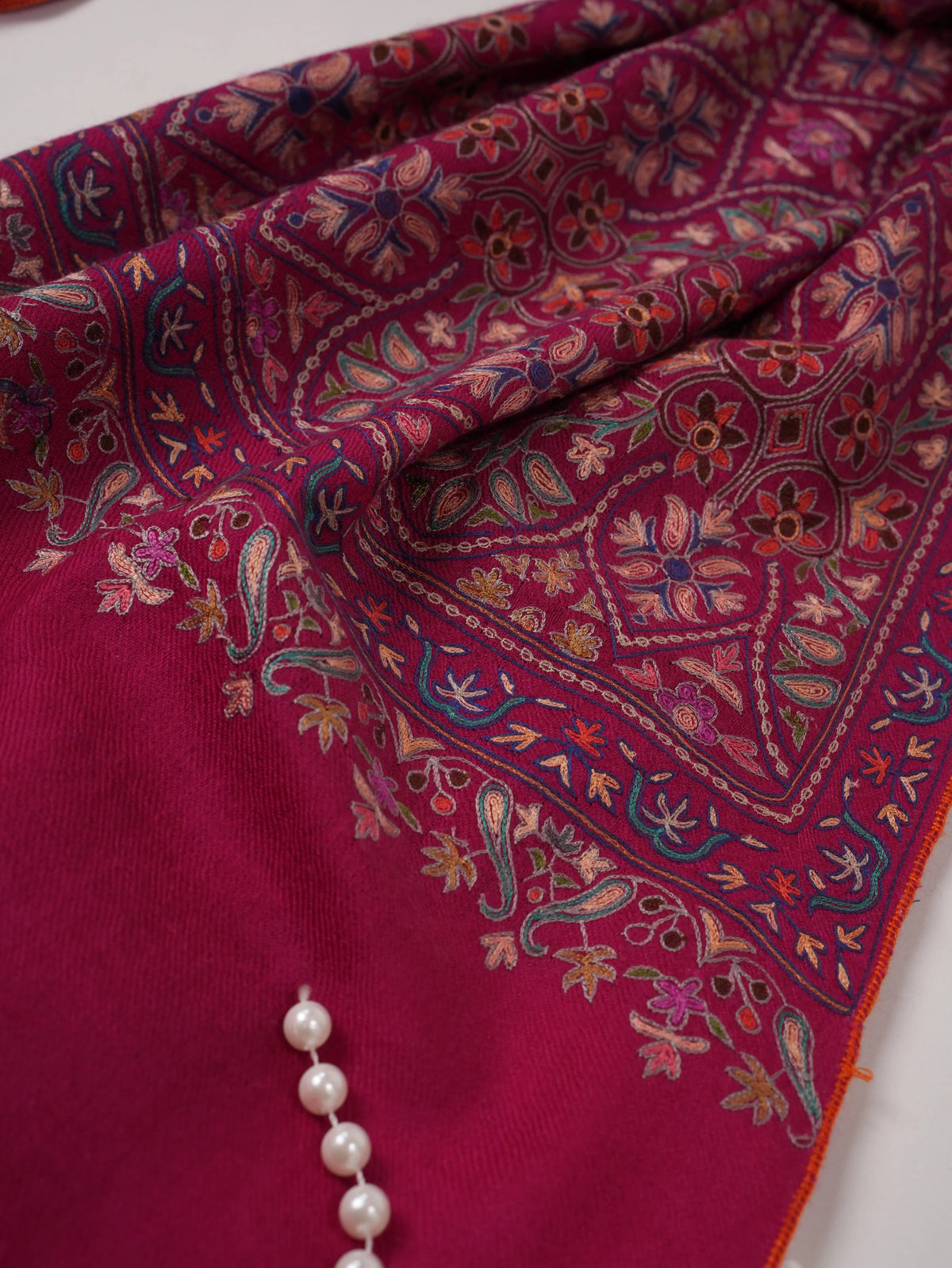 Deep Pink Pure Cashmere Scarf with Hook Embroidery