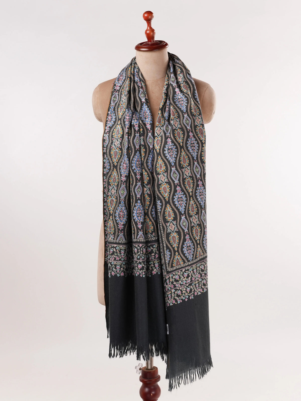 Original Black Kalamkari Handwoven Pashmina Shawl with Hand Embroidery Shahkaar.com