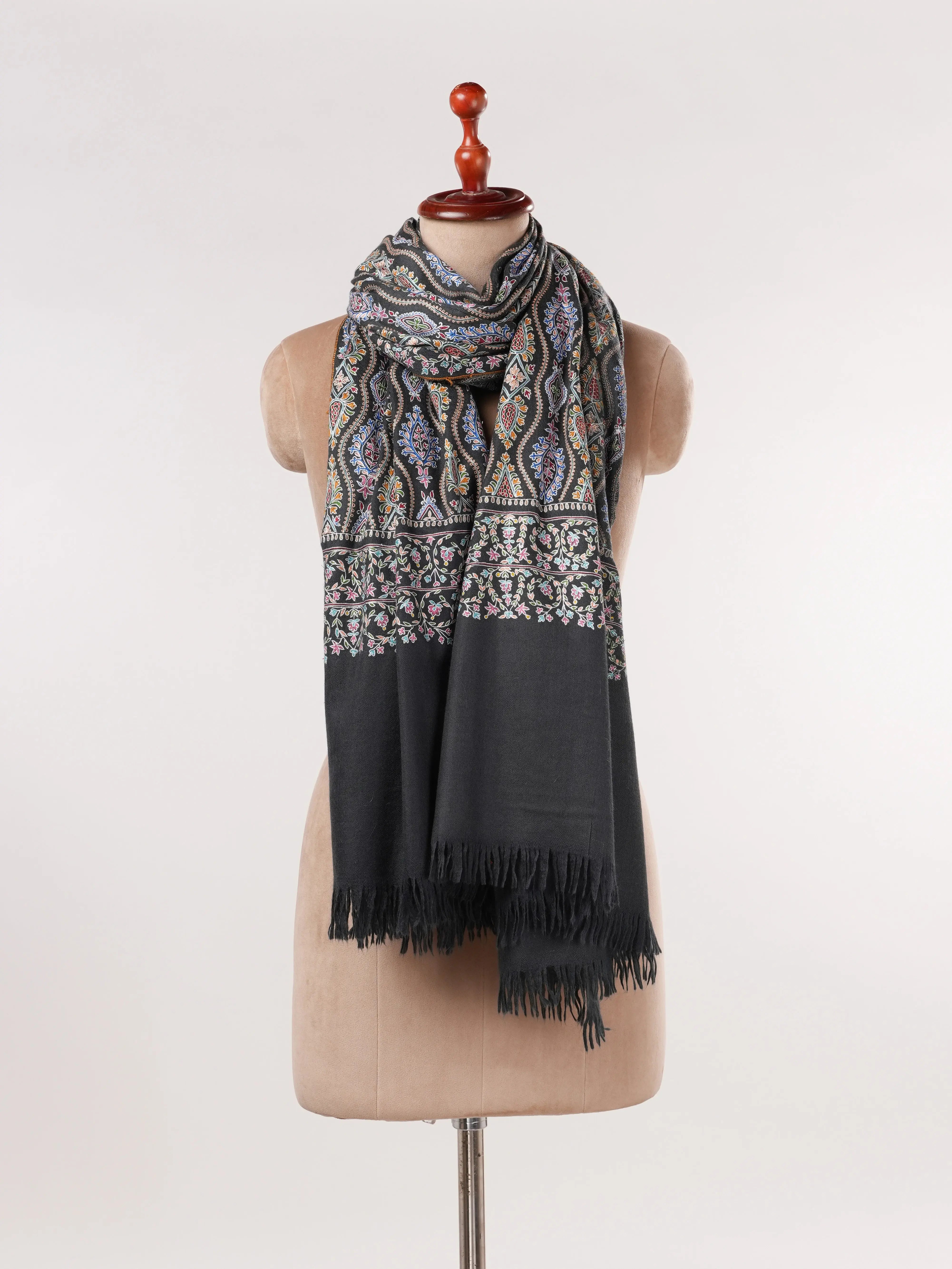 Original Black Kalamkari Handwoven Pashmina Shawl with Hand Embroidery Shahkaar.com