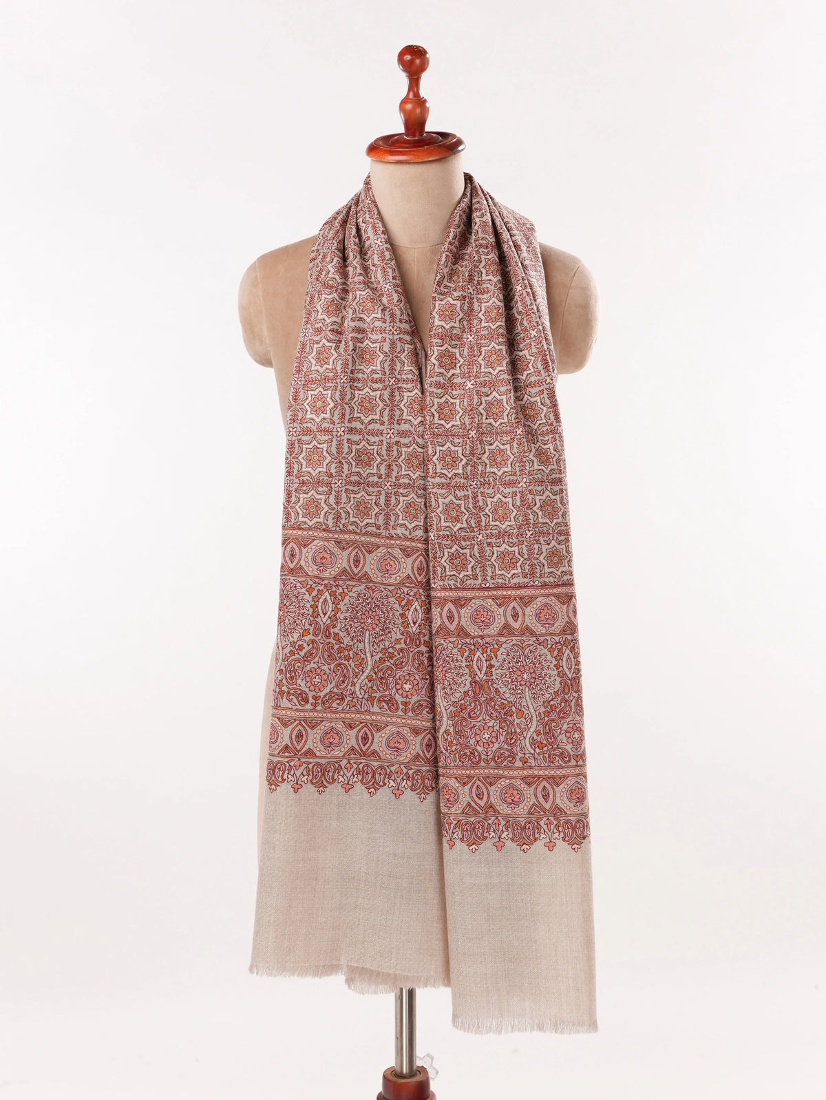 Natural Taupe Authentic Cashmere Scarf with Hook Embroidery