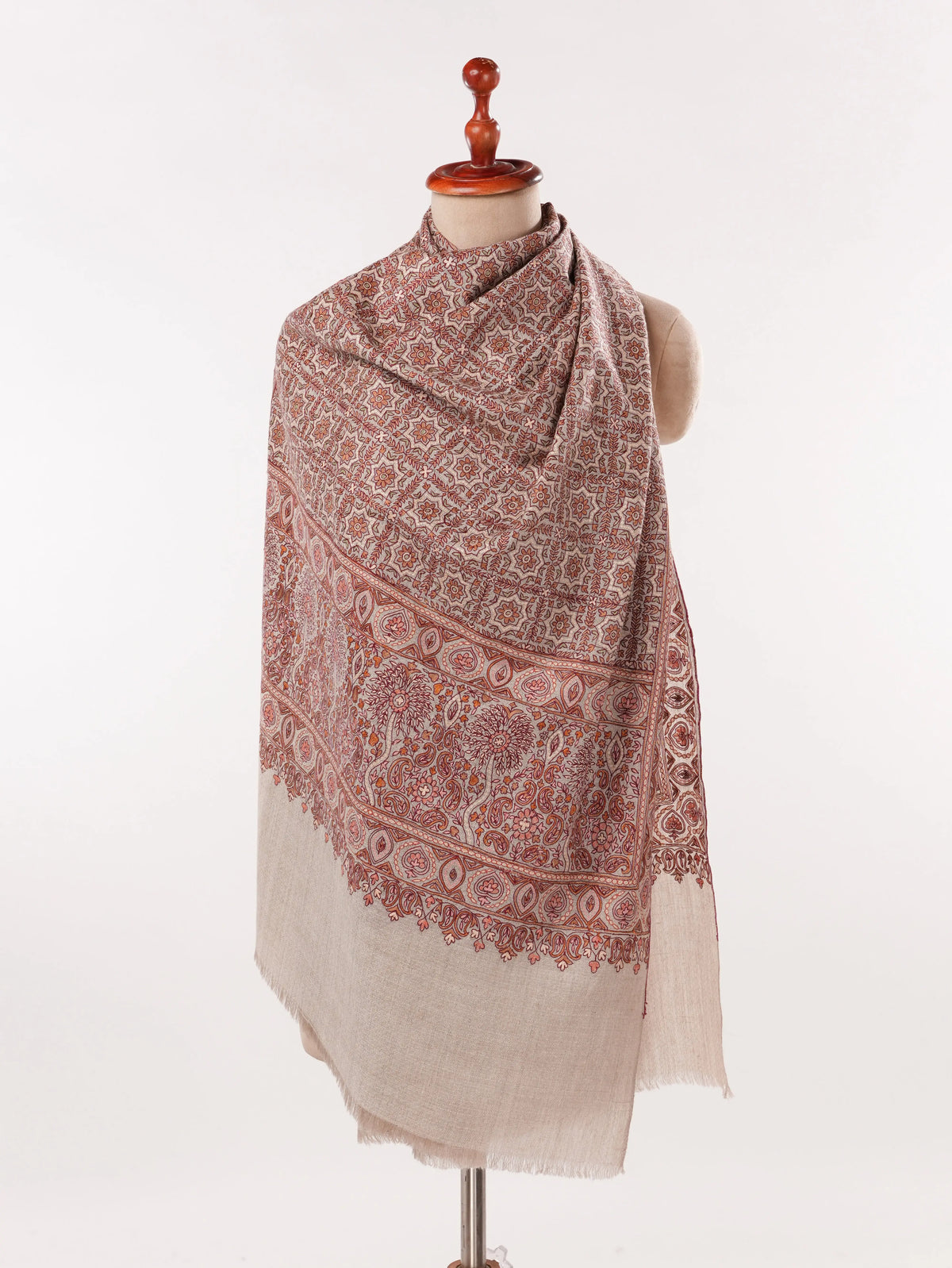 Natural Taupe Authentic Cashmere Scarf with Hook Embroidery