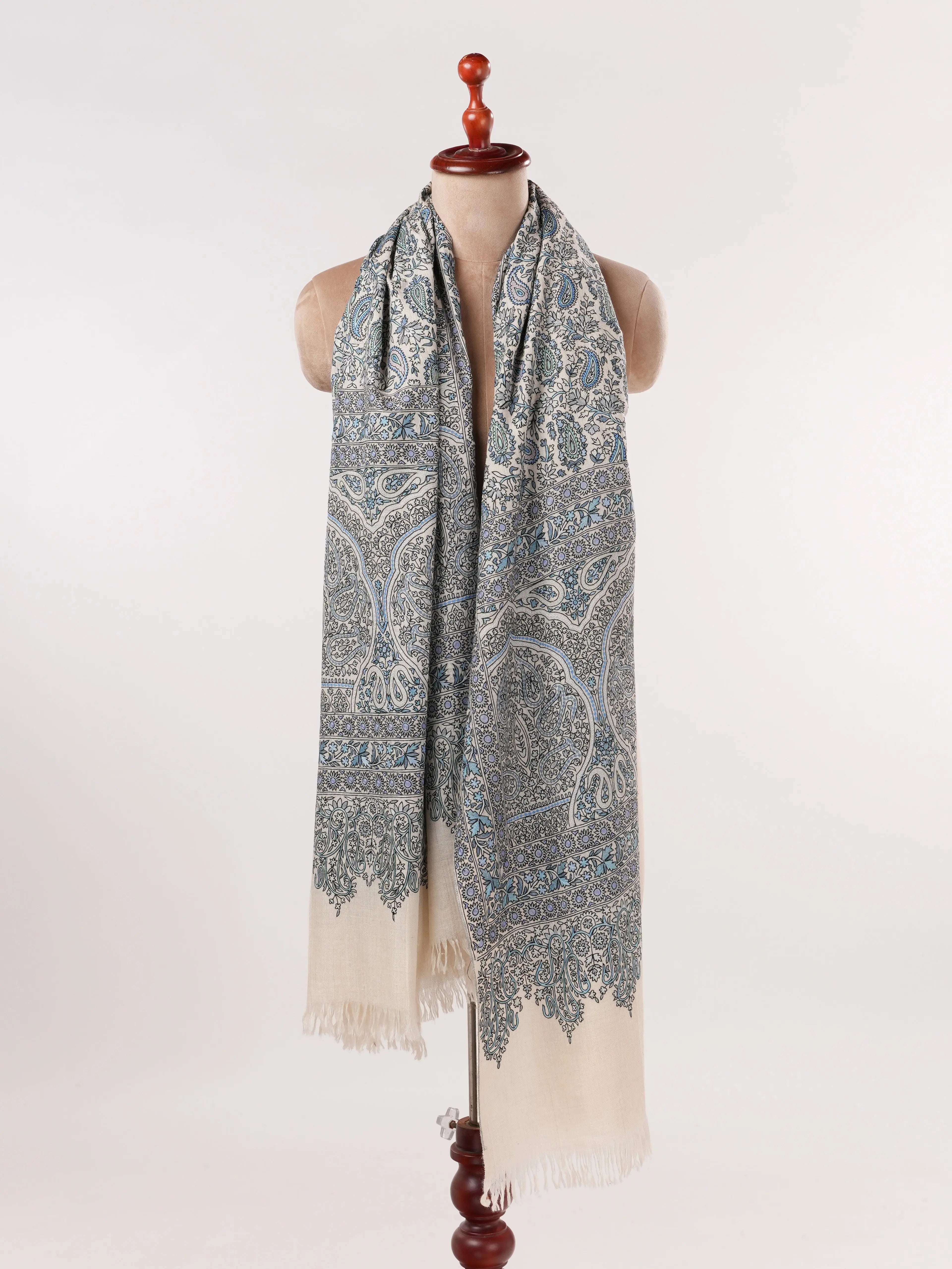 Hand Embroidered Kalamkari Soft Natural White Handwoven Pashmina Shawl Shahkaar.com
