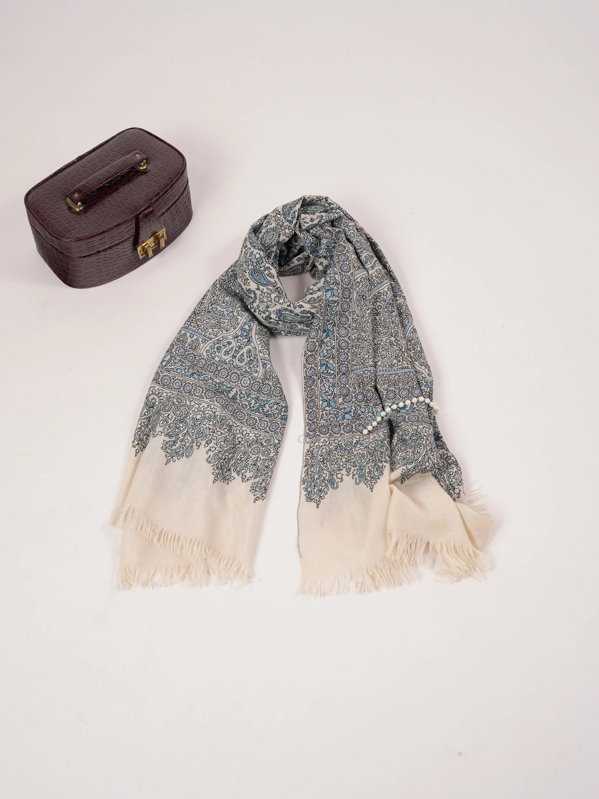 Hand Embroidered Kalamkari Soft Natural White Handwoven Pashmina Shawl Shahkaar.com