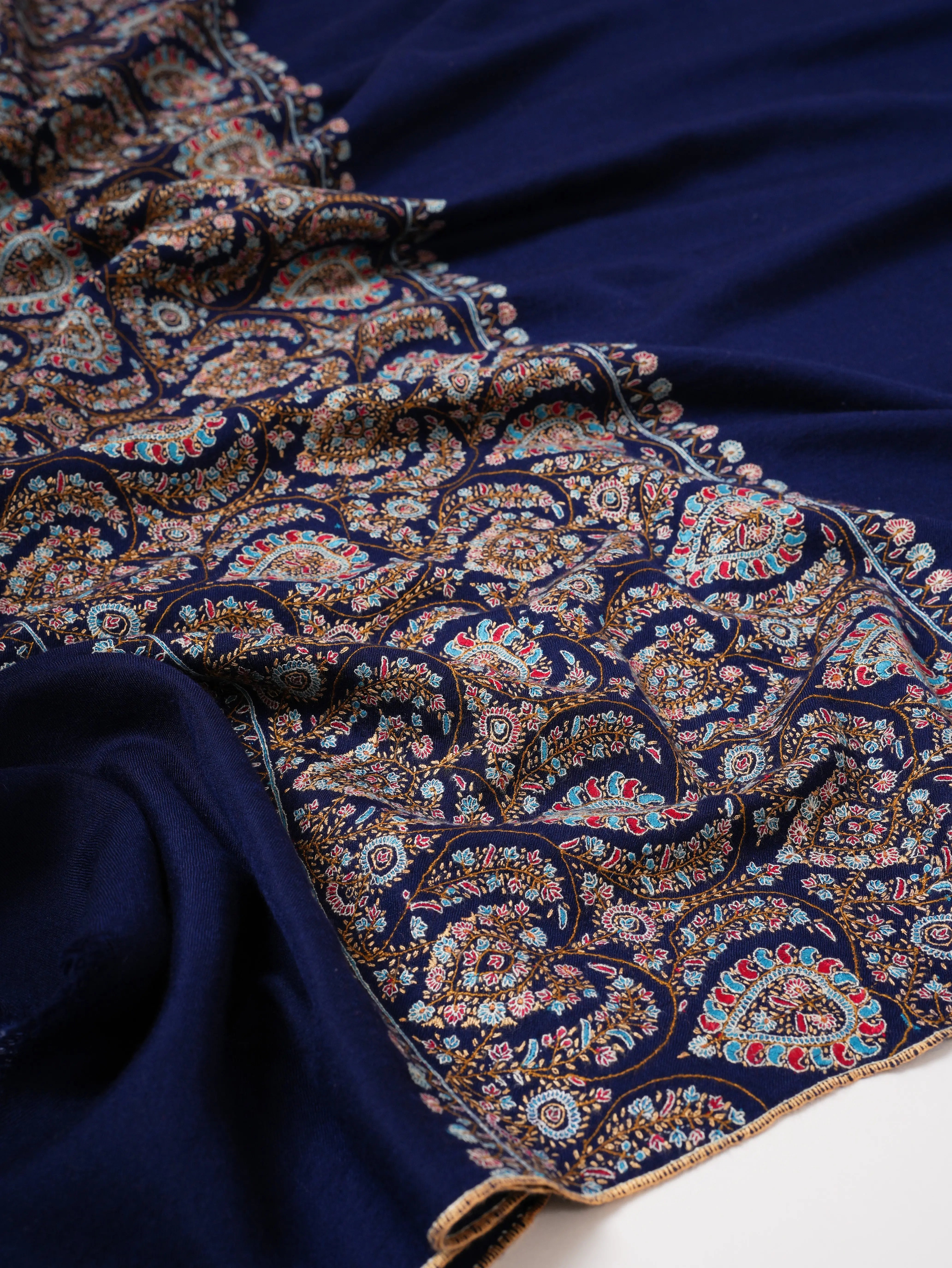 Dark Blue Kashmiri Pashmina Shawl – Palla Sozni Hand Embroidery Shahkaar
