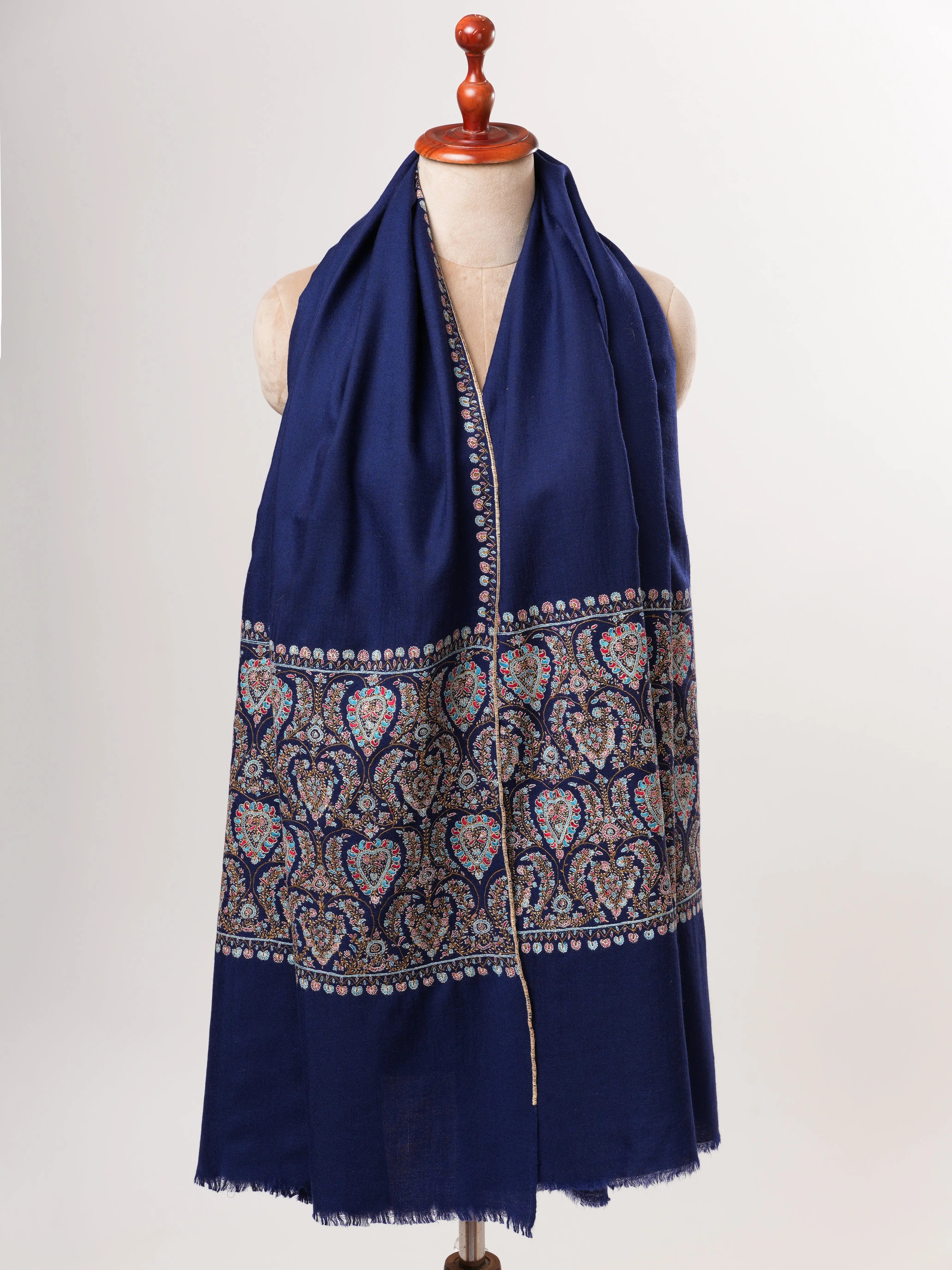 Dark Blue Kashmiri Pashmina Shawl – Palla Sozni Hand Embroidery Shahkaar