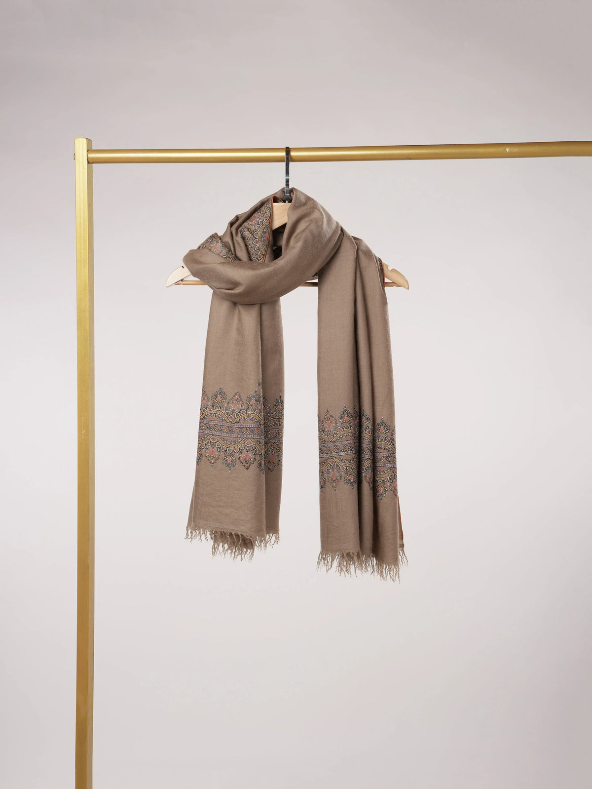 Dark Taupe Kashmiri Handwoven Pashmina Shawl with Hand Palla Embroidery Shahkaar.com