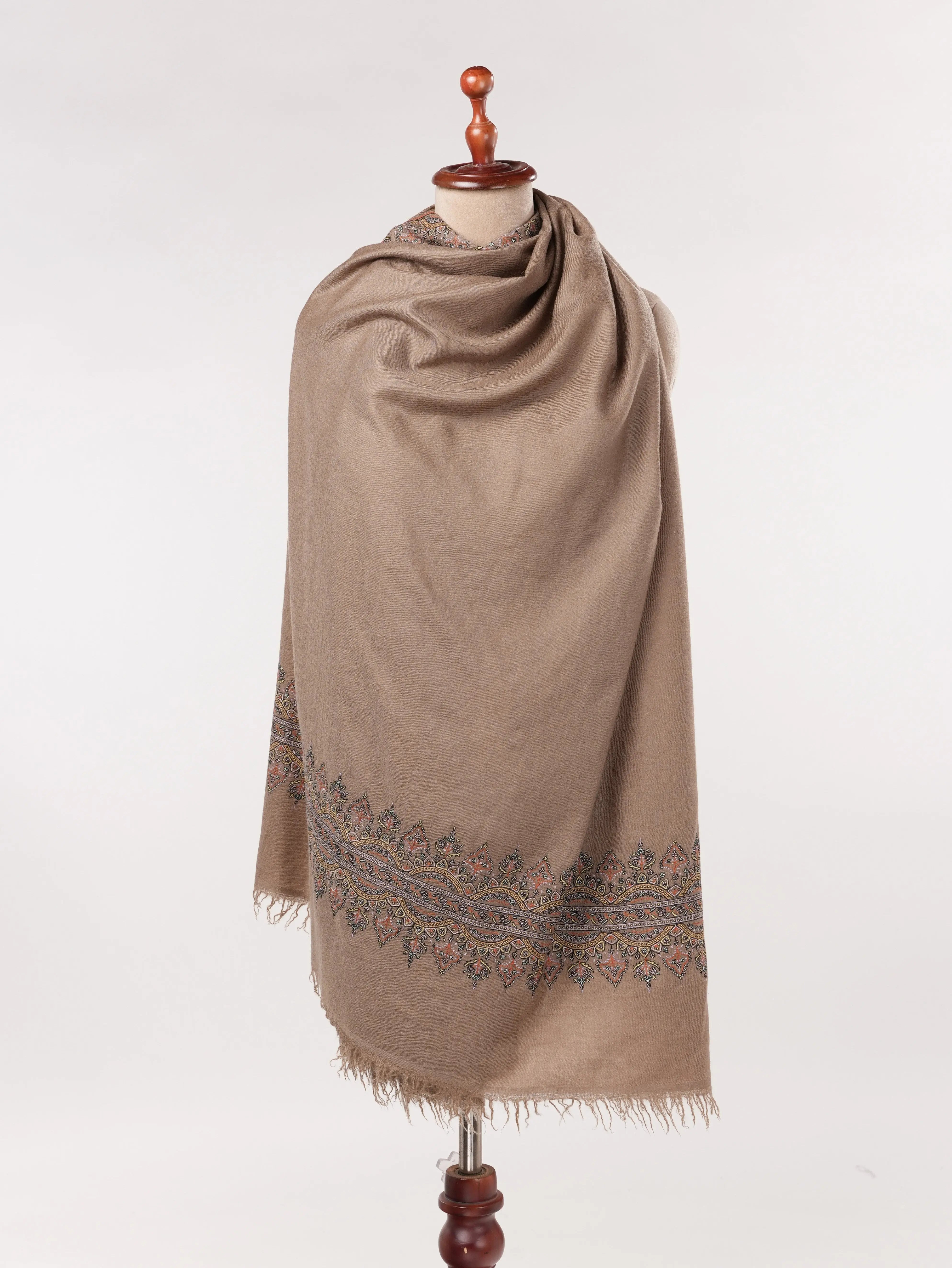 Dark Taupe Kashmiri Handwoven Pashmina Shawl with Hand Palla Embroidery Shahkaar.com