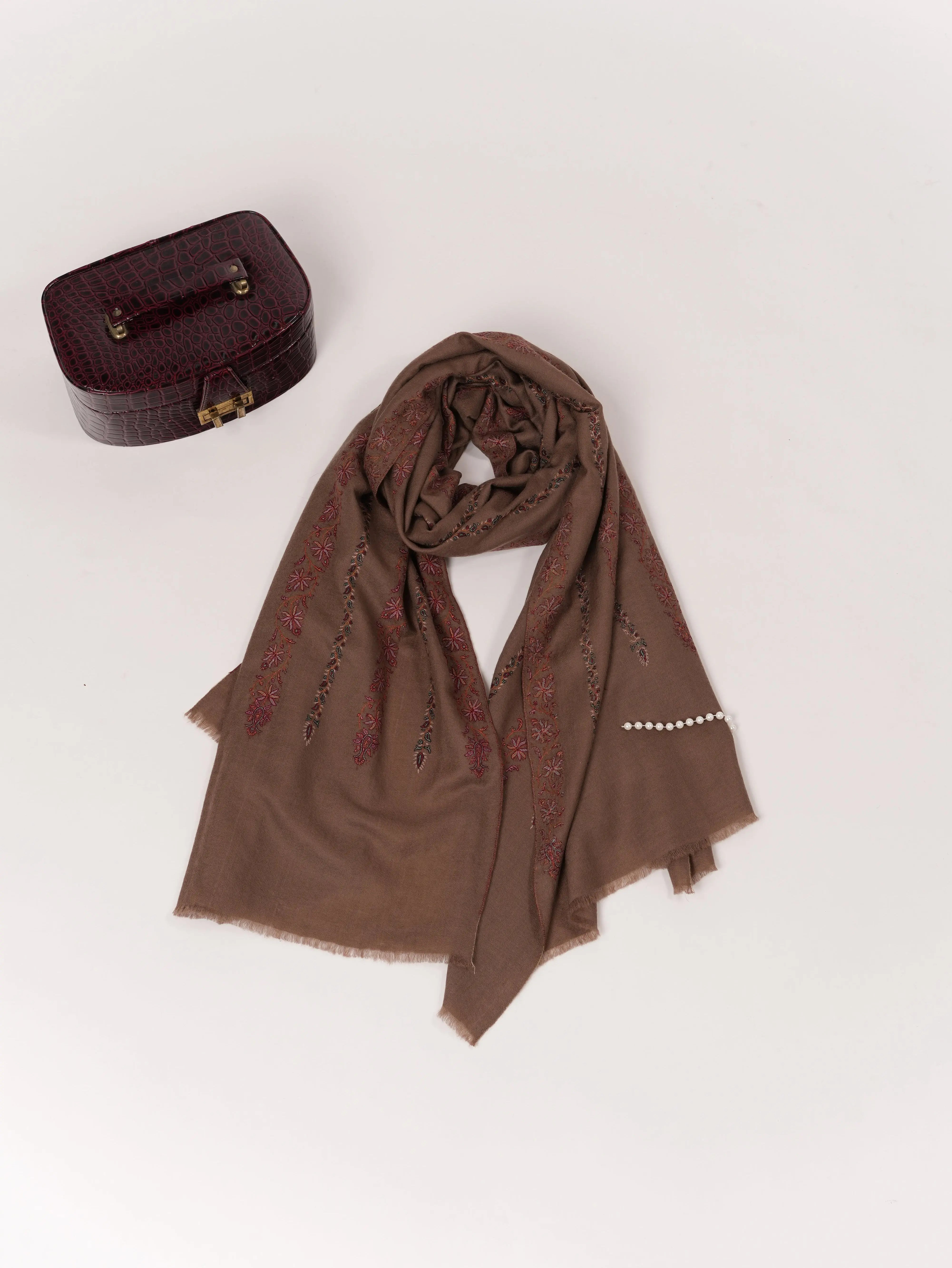 Kashmiri Dark Taupe Handwoven Pashmina Shawl with Hand Khatrass Embroidery Shahkaar.com