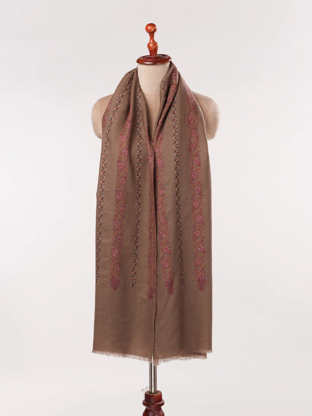 Kashmiri Dark Taupe Handwoven Pashmina Shawl with Hand Khatrass Embroidery Shahkaar.com