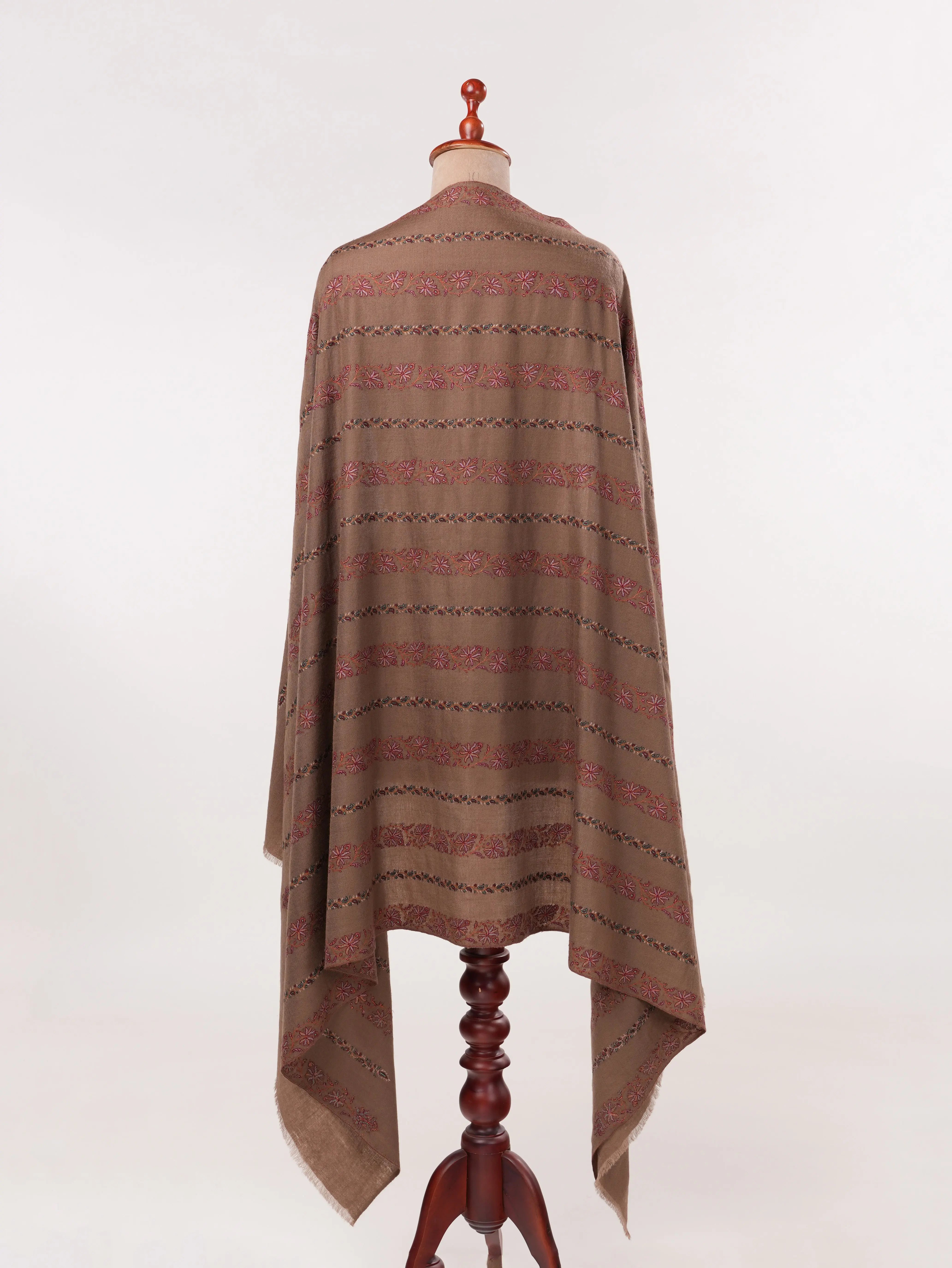 Kashmiri Dark Taupe Handwoven Pashmina Shawl with Hand Khatrass Embroidery Shahkaar.com