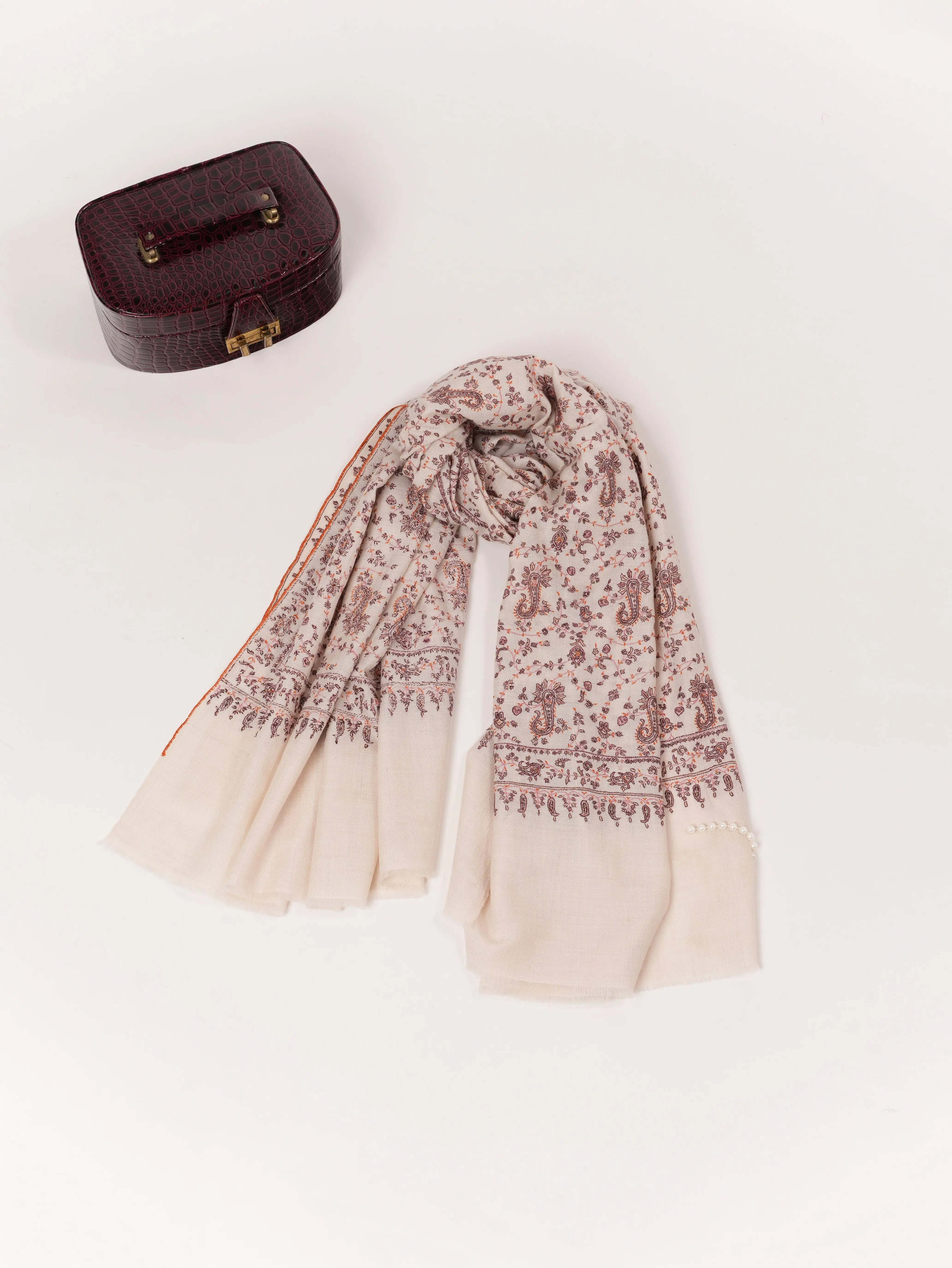 Kashmiri Handwoven Natural White Pashmina Shawl with Paisley Jali Embroidery Shahkaar.com