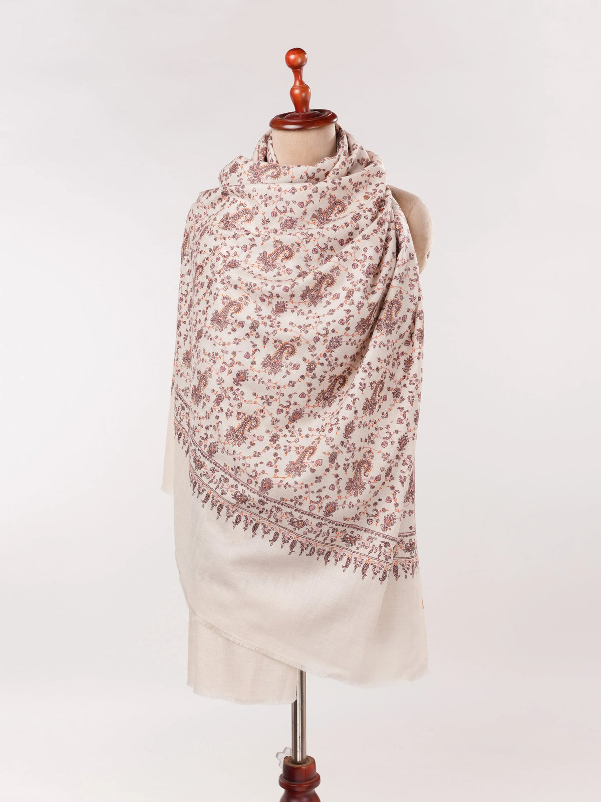Kashmiri Handwoven Natural White Pashmina Shawl with Paisley Jali Embroidery Shahkaar.com