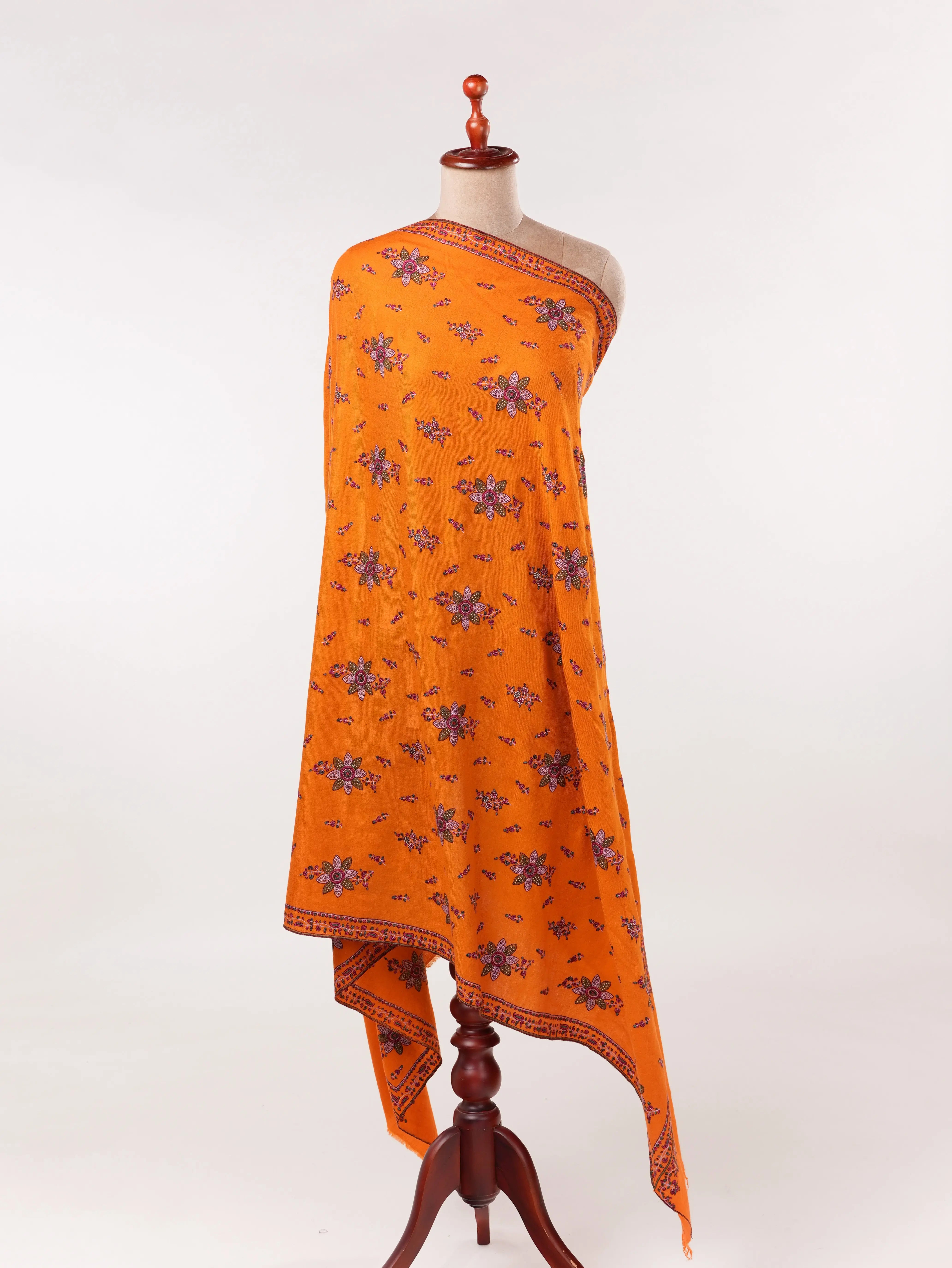 Orange Kashmiri Handwoven Pashmina Shawl with Floral Hand Sozni Embroidery Shahkaar.com
