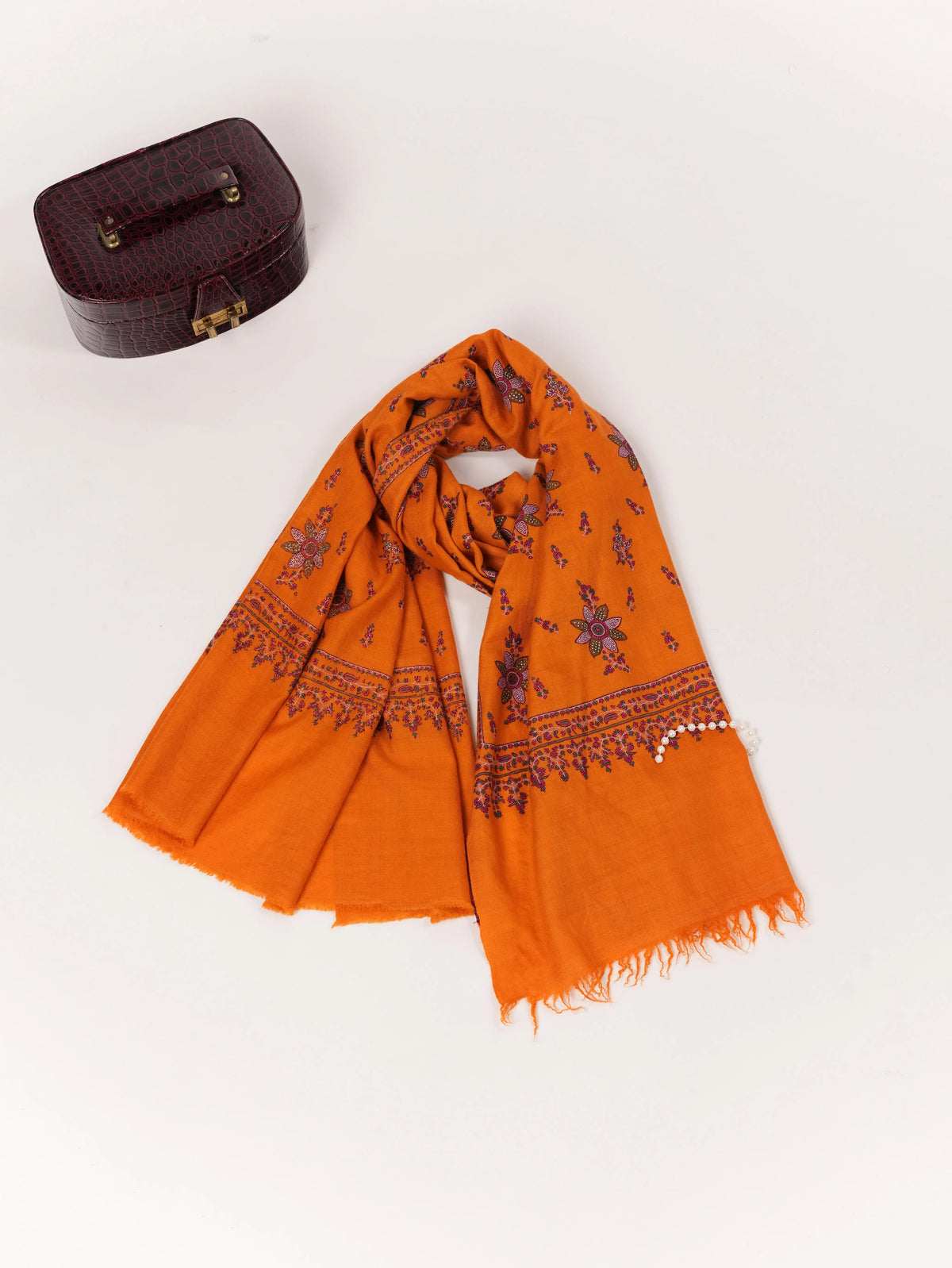 Orange Kashmiri Handwoven Pashmina Shawl with Floral Hand Sozni Embroidery Shahkaar.com
