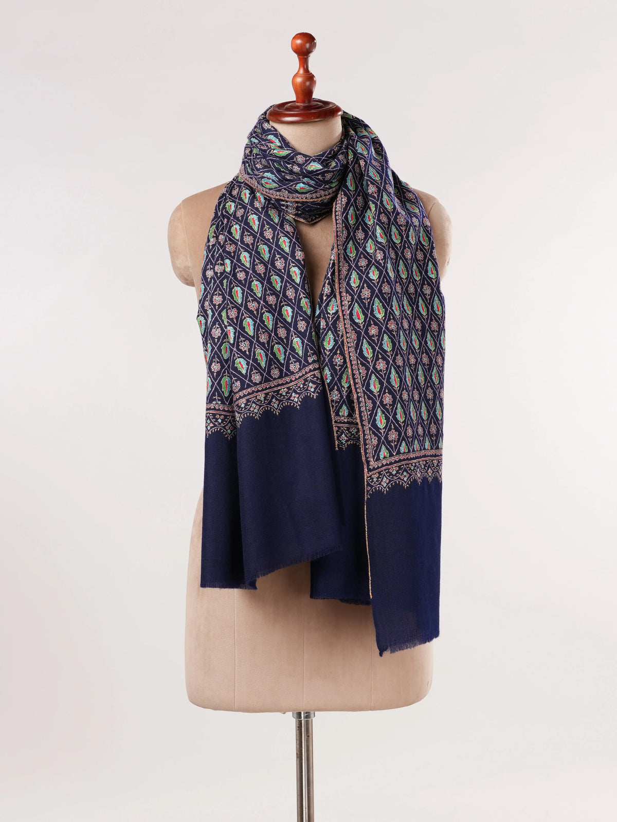 Jali Sozni Hand Embroidered Origina Dark Blue Handwoven Pashmina Shawl Shahkaar.com