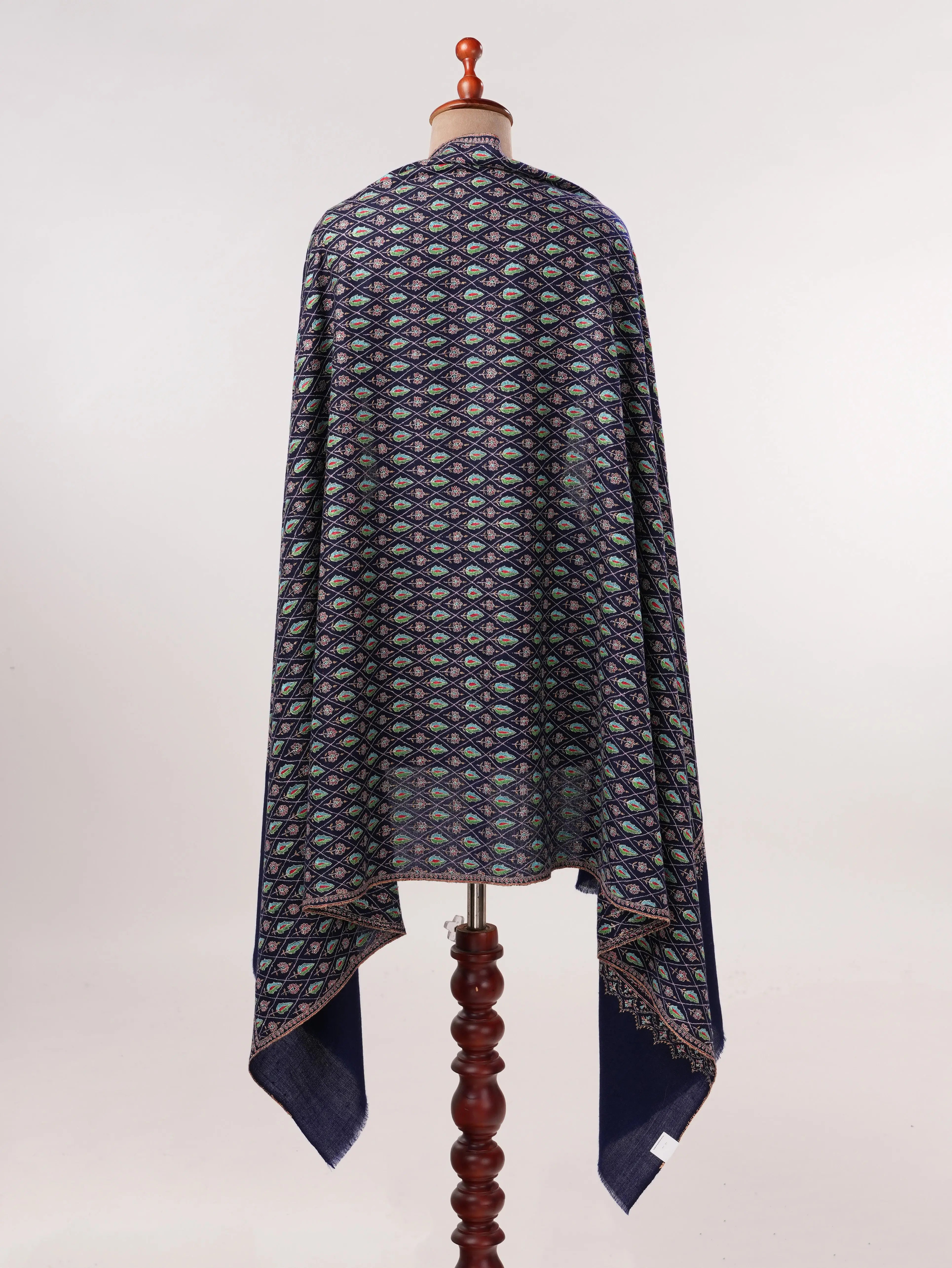 Jali Sozni Hand Embroidered Origina Dark Blue Handwoven Pashmina Shawl Shahkaar.com