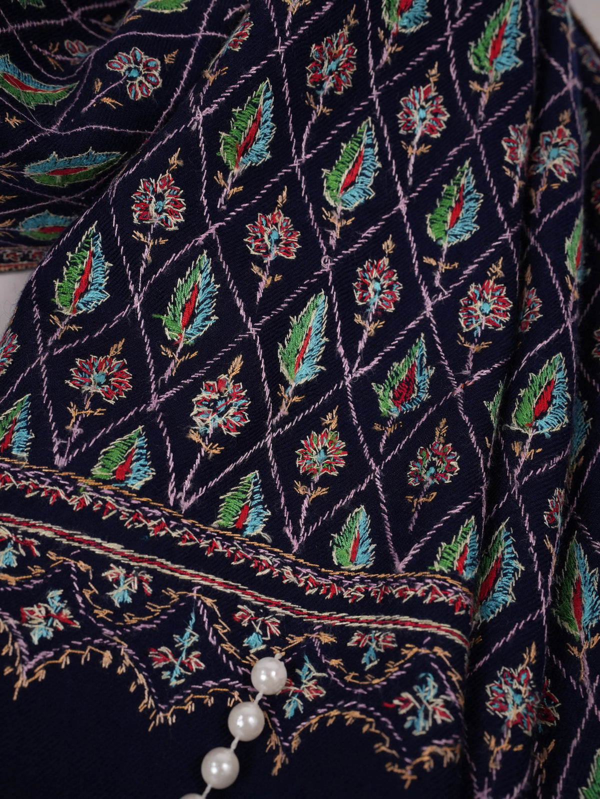 Jali Sozni Hand Embroidered Origina Dark Blue Handwoven Pashmina Shawl Shahkaar.com