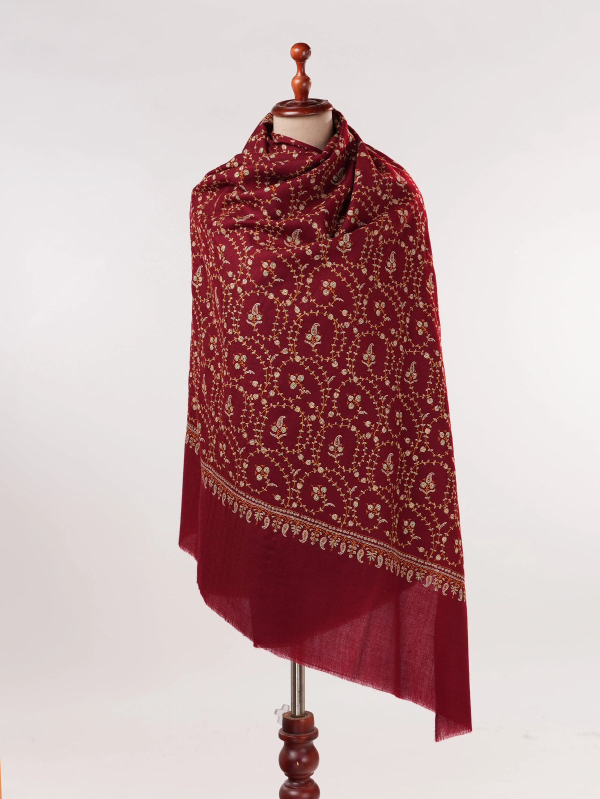 Jali Sozni Hand Embroidered Soft Red Handwoven Pashmina Shawl Shahkaar.com