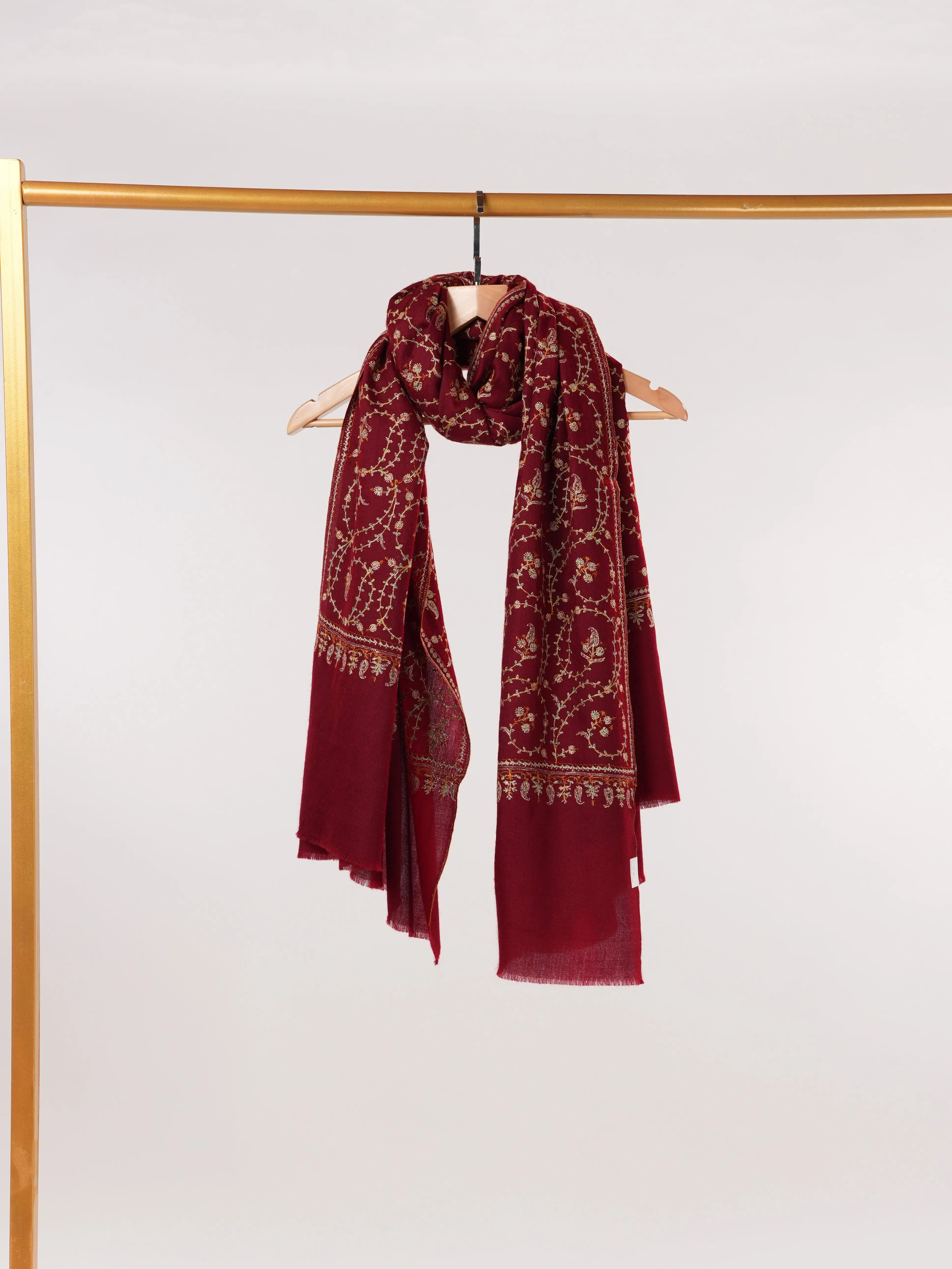 Jali Sozni Hand Embroidered Soft Red Handwoven Pashmina Shawl Shahkaar.com