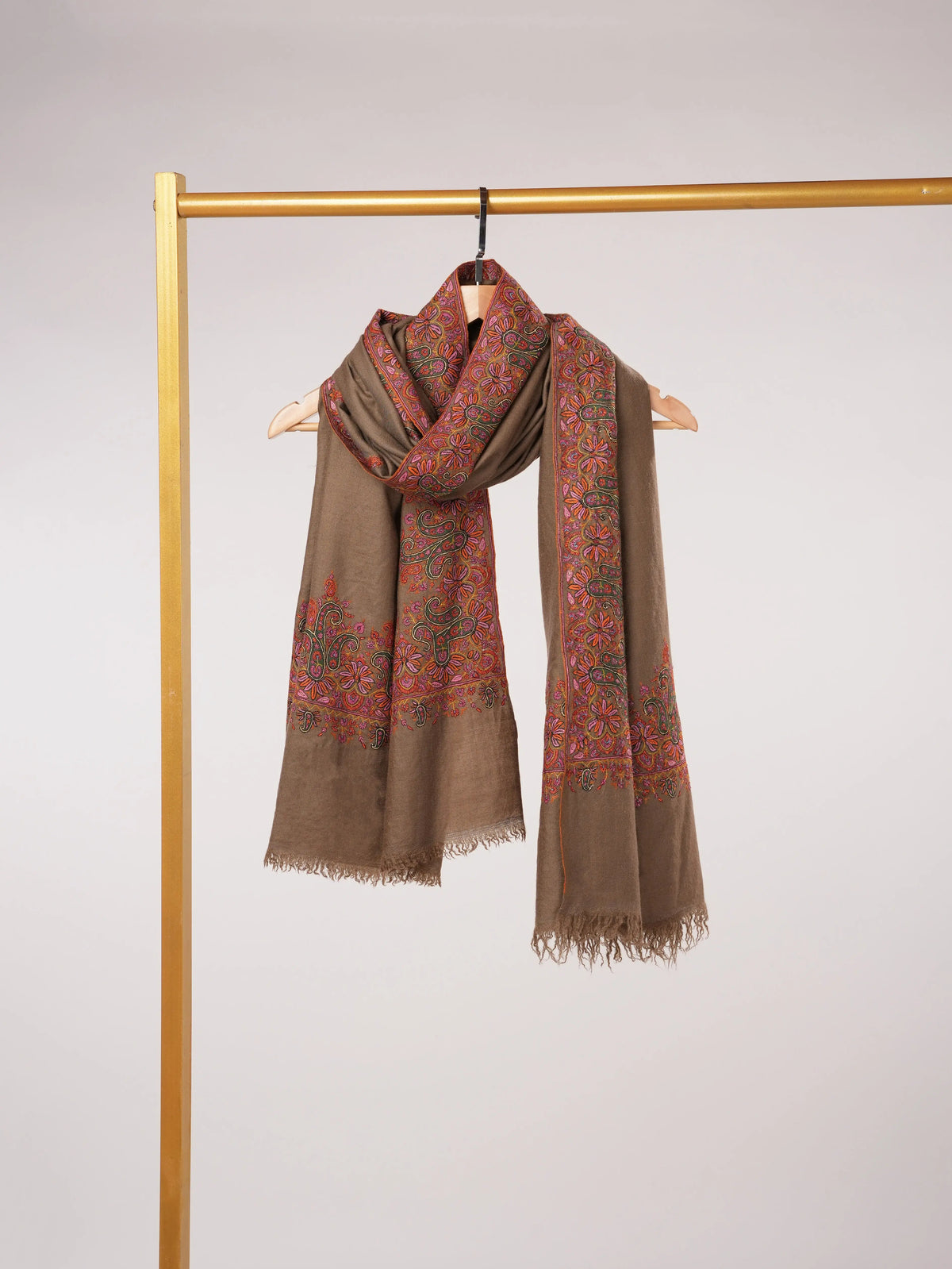 Dark Taupe Kashmiri Handwoven Pashmina Shawl with Kalandaur Hand Sozni Embroidery Shahkaar.com