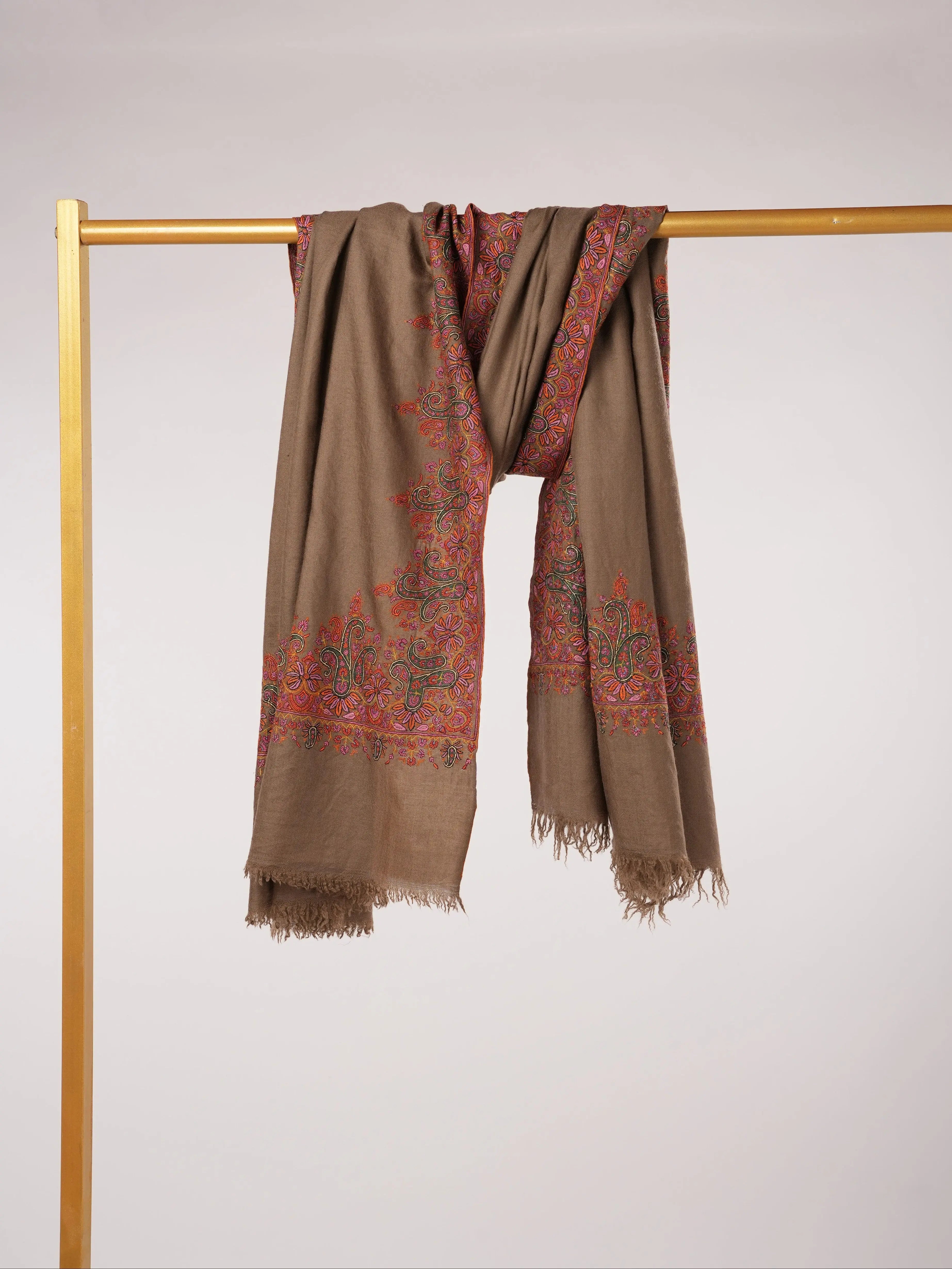 Dark Taupe Kashmiri Handwoven Pashmina Shawl with Kalandaur Hand Sozni Embroidery Shahkaar.com