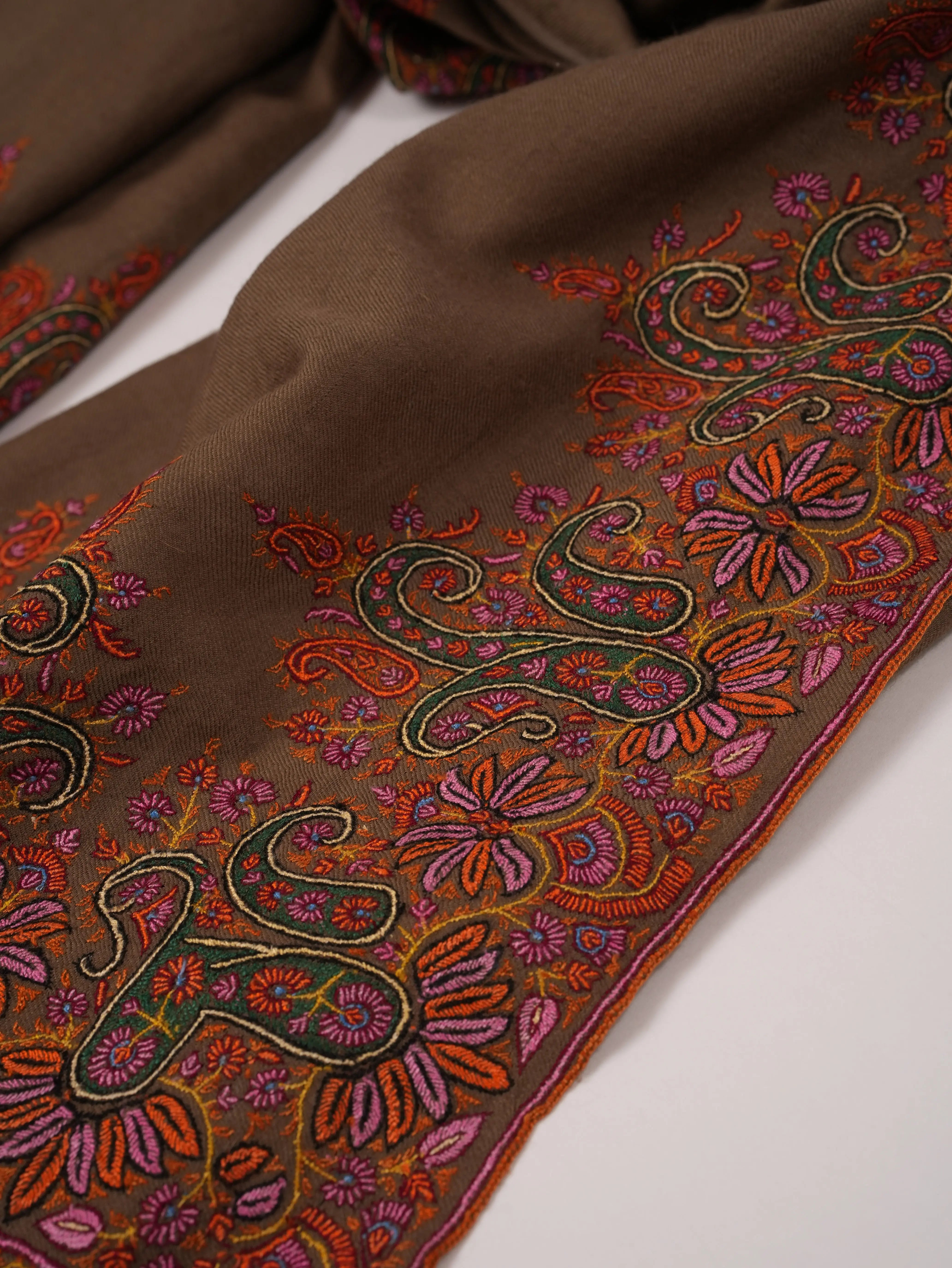 Dark Taupe Kashmiri Handwoven Pashmina Shawl with Kalandaur Hand Sozni Embroidery Shahkaar.com