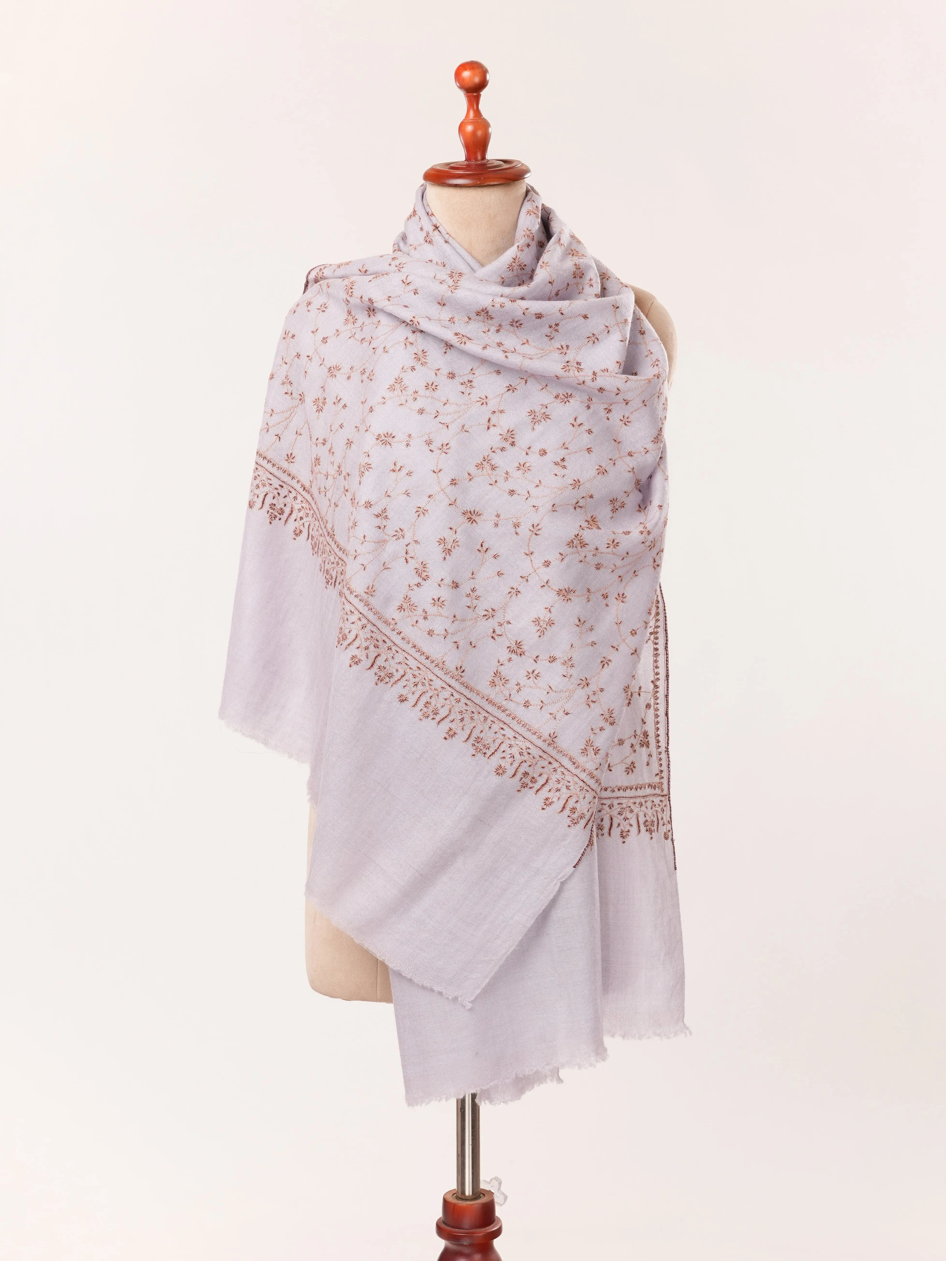 Misty Lavender Cashmere Kashmiri Handwoven Scarf with Hand Sozni Jali Embroidery Shahkaar.com