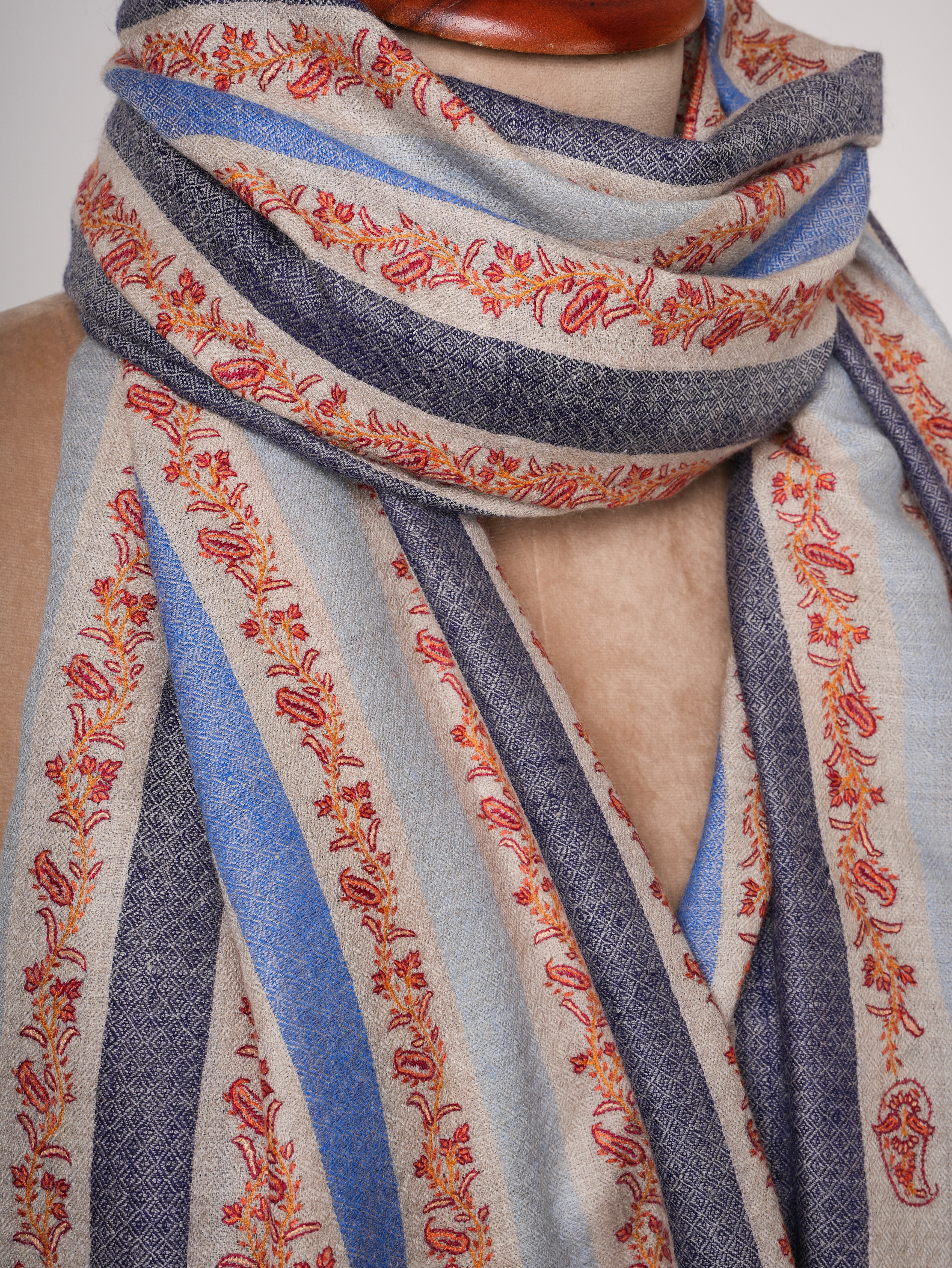 Blue Gradient Pashmina Shawl with Fine Hand Embroidery | Gradient Cashmere Wrap