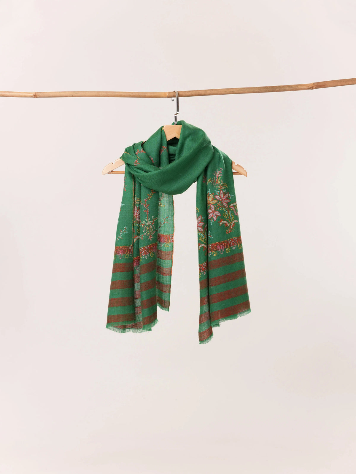 Emerald Green Palldar Soft Cashmere Scarf Featuring Hand Sozni Embroidery Shahkaar.com