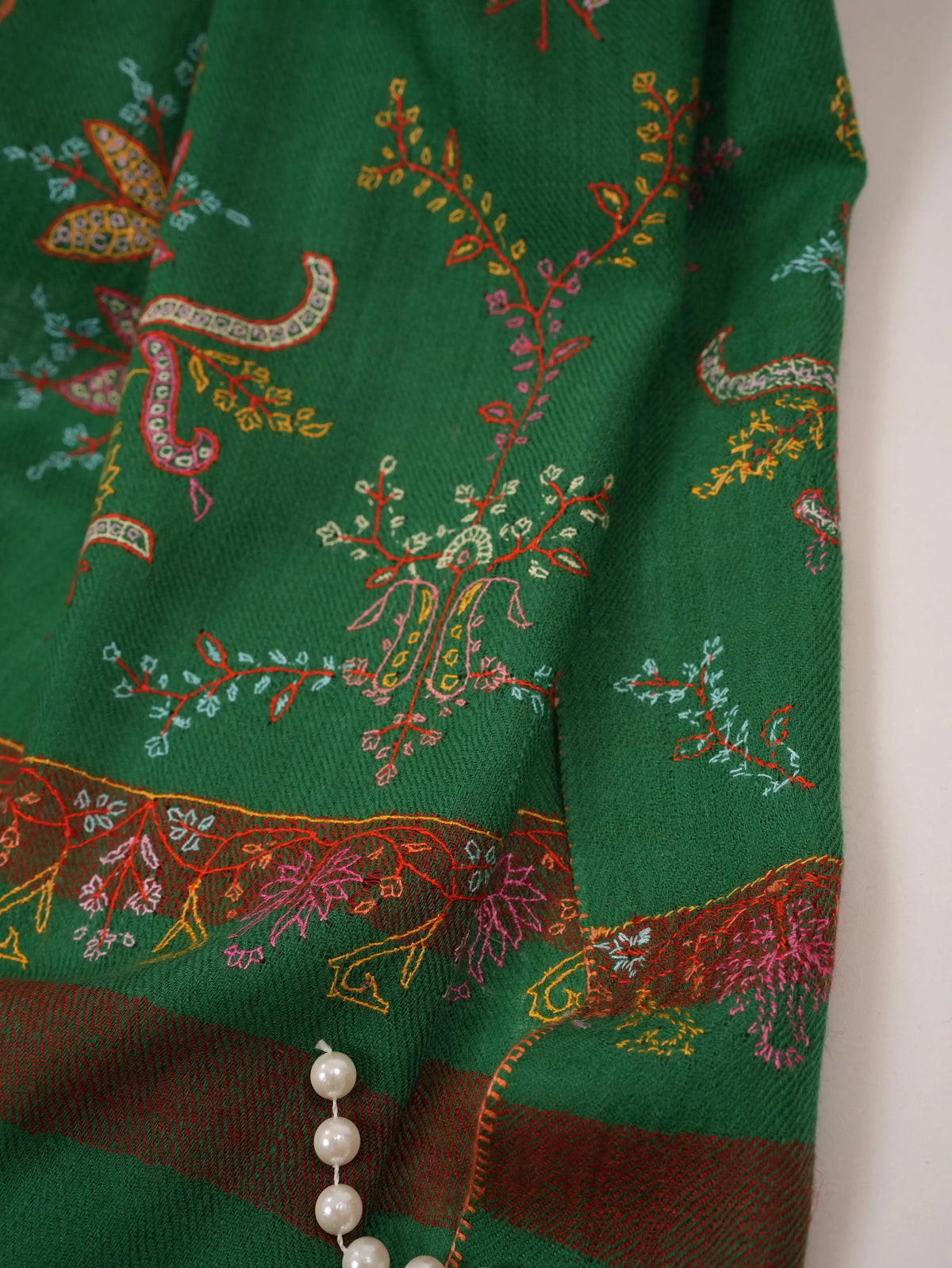 Emerald Green Palldar Soft Cashmere Scarf Featuring Hand Sozni Embroidery Shahkaar.com