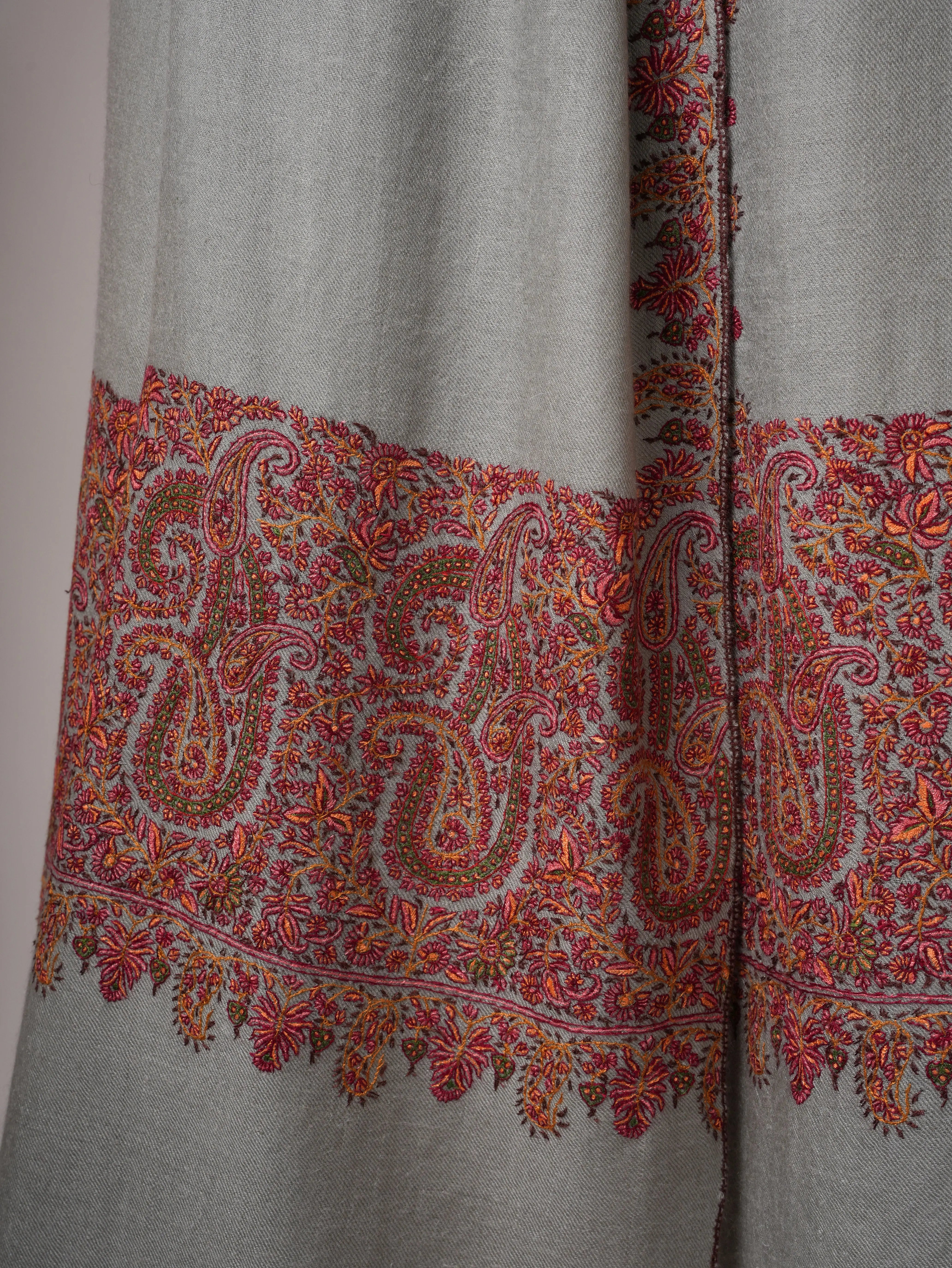 Grey Pashmina Shawl – Hand-Embroidered Paisley Palla Design Shahkaar