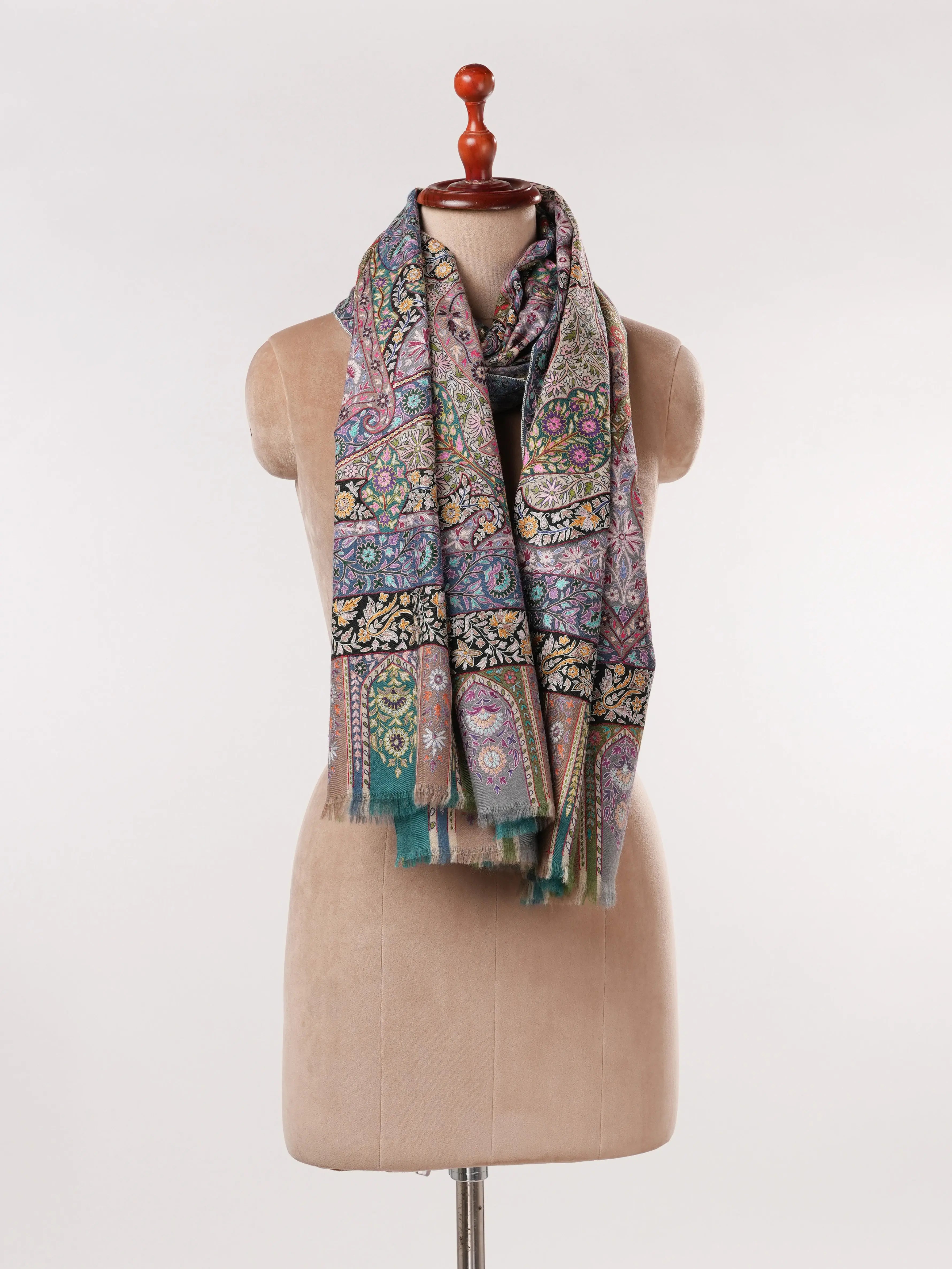 Kalamkari Pure Handwoven Pashmina Shawl with Hand Embroidery Shahkaar.com