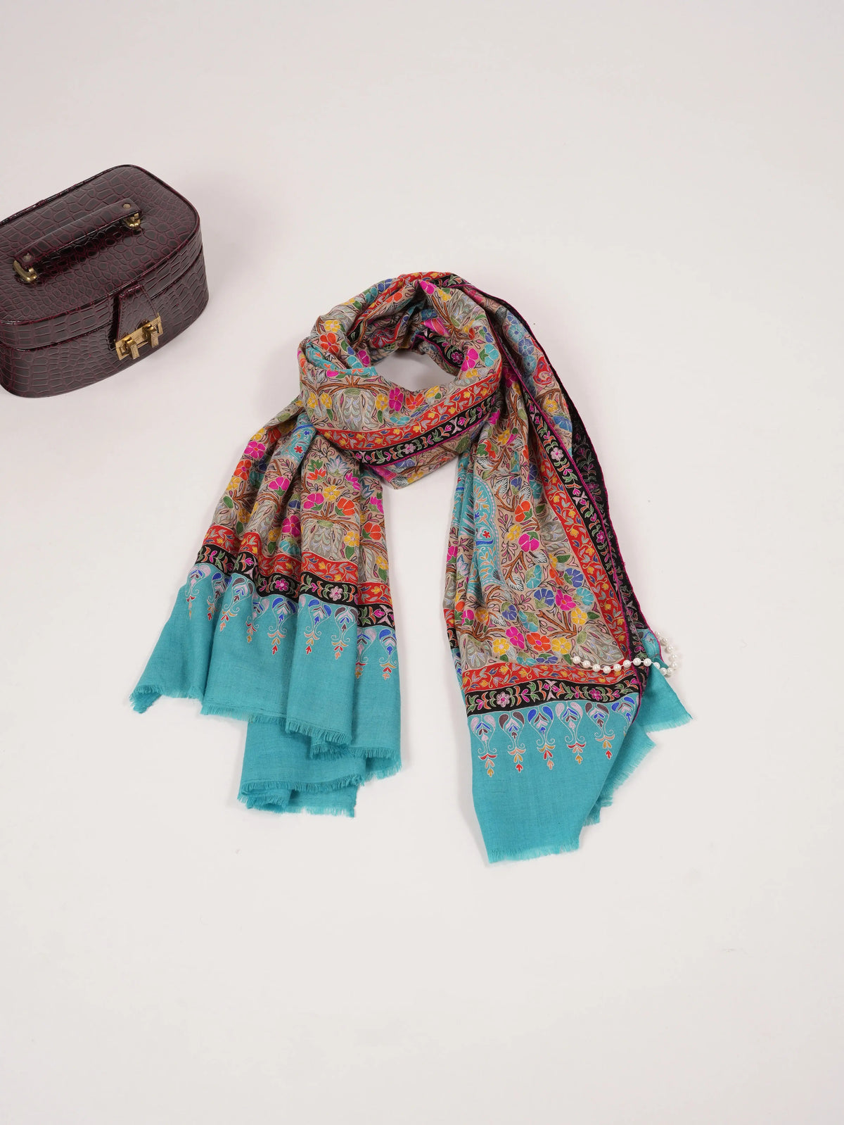 Lightweight Handwoven Blue Pashmina Shawl with Kalamkari Hand Embroidery Shahkaar.com