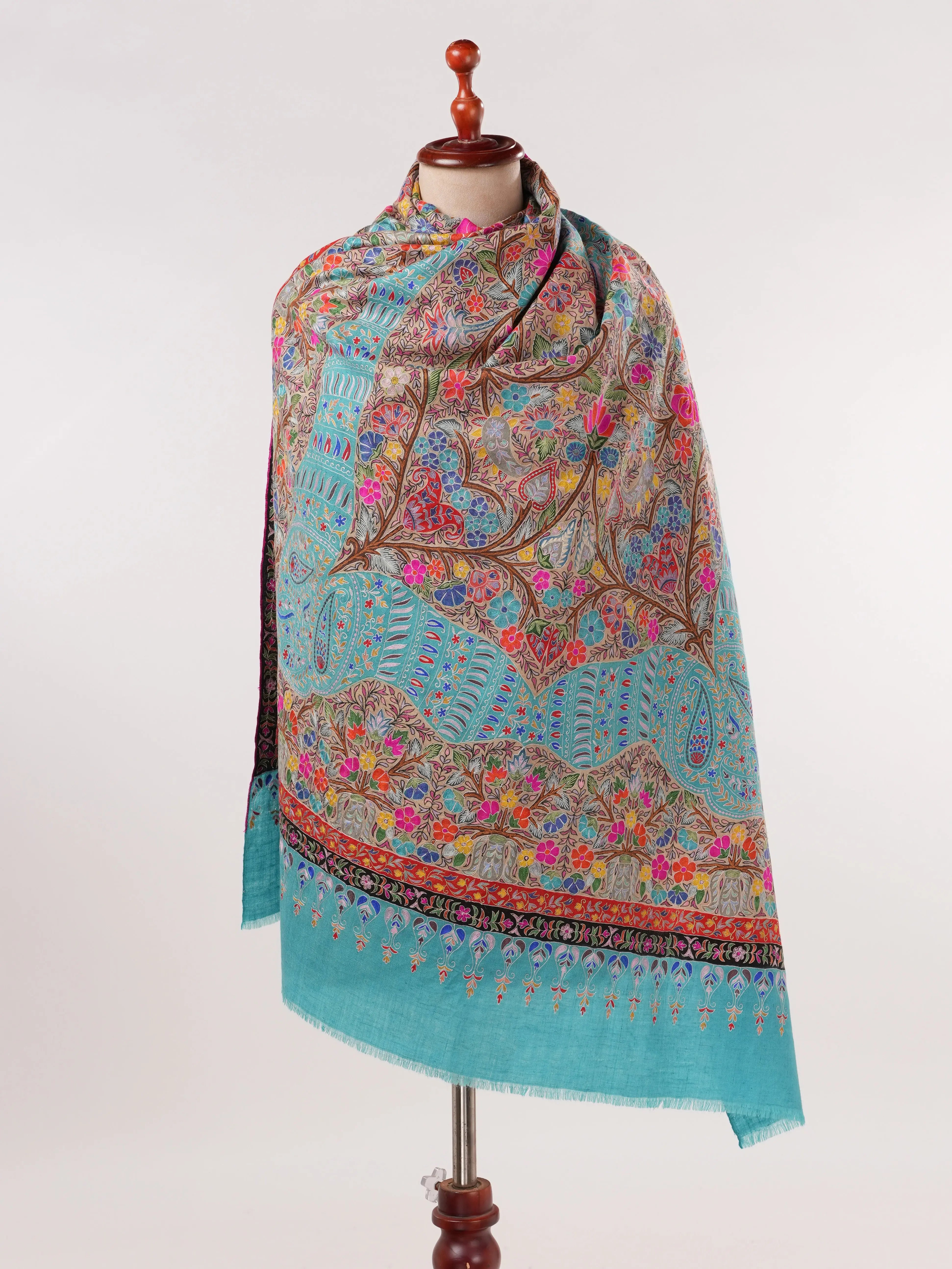 Lightweight Handwoven Blue Pashmina Shawl with Kalamkari Hand Embroidery Shahkaar.com