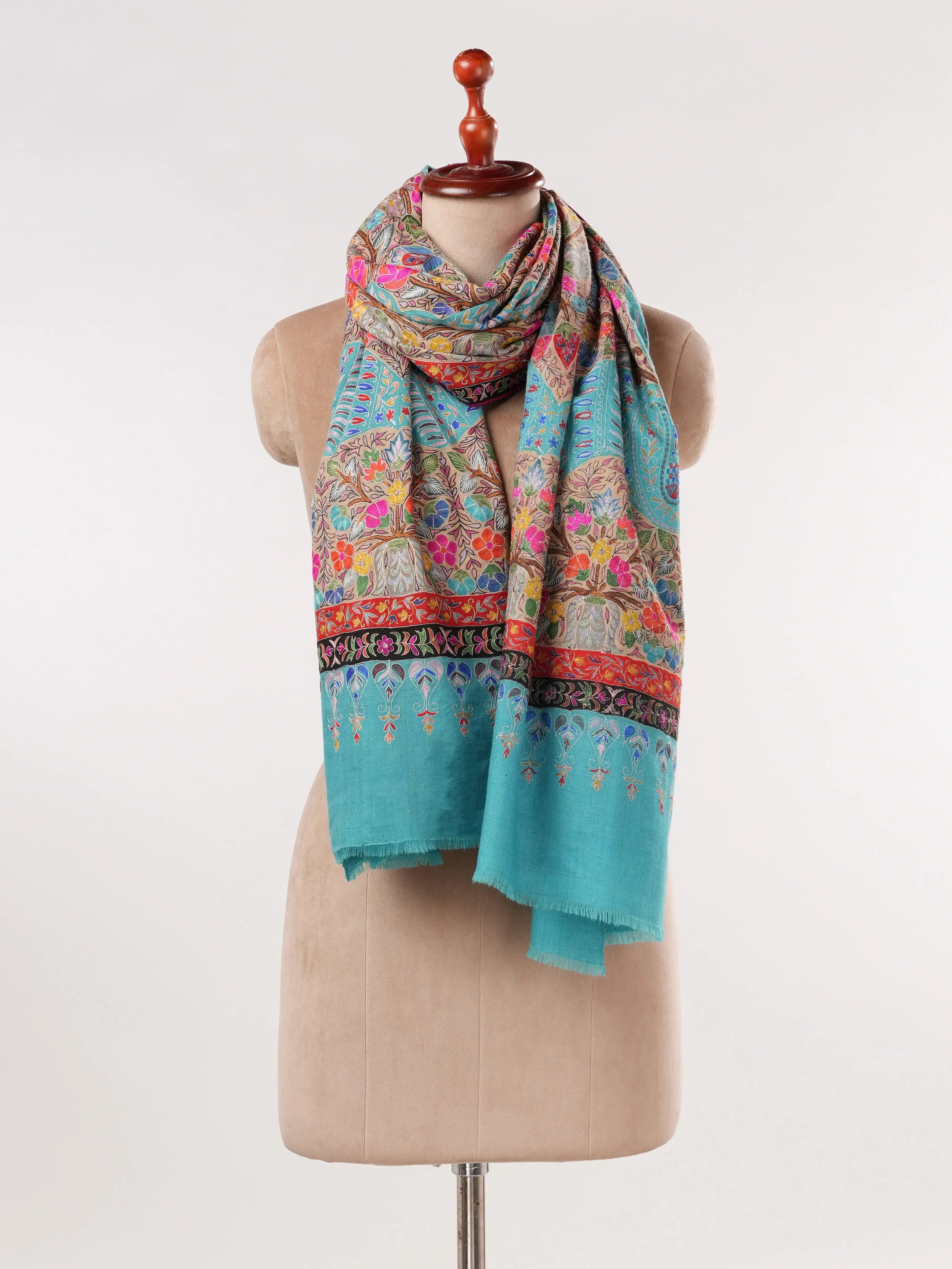 Lightweight Handwoven Blue Pashmina Shawl with Kalamkari Hand Embroidery Shahkaar.com