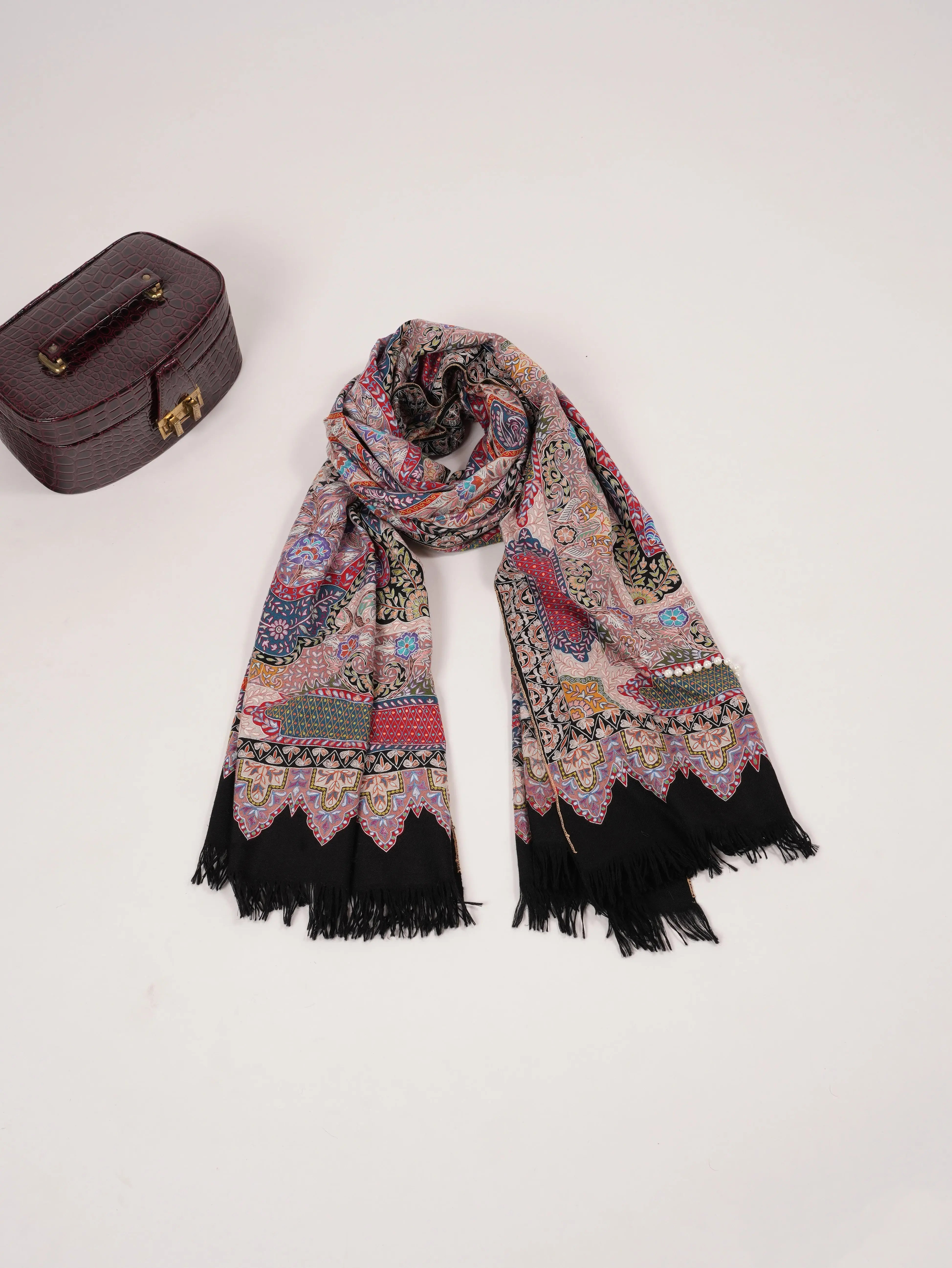 Soft Handwoven Black Pashmina Shawl with Hand Kalamkari Embroidery Shahkaar.com