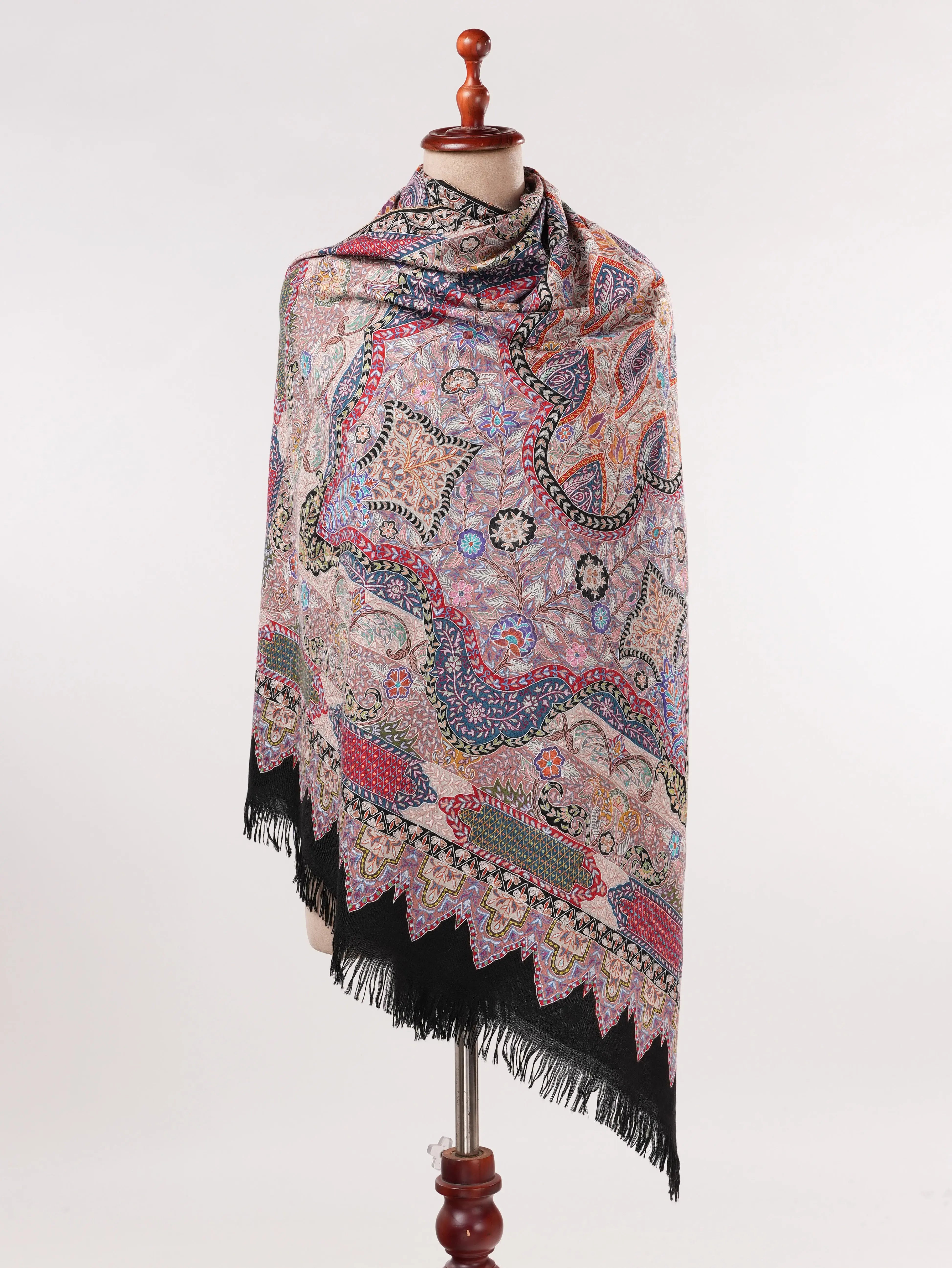 Soft Handwoven Black Pashmina Shawl with Hand Kalamkari Embroidery Shahkaar.com