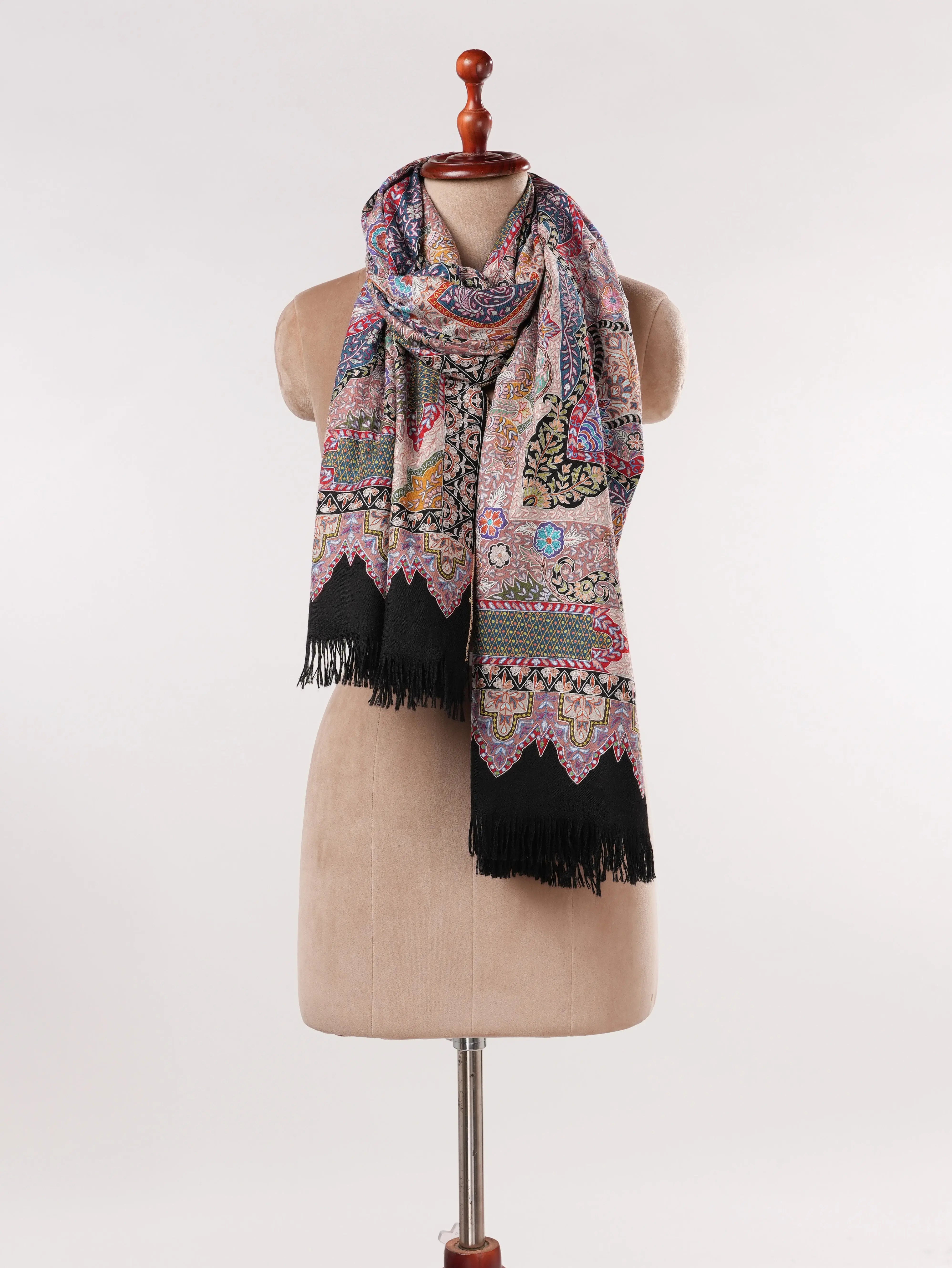 Soft Handwoven Black Pashmina Shawl with Hand Kalamkari Embroidery Shahkaar.com