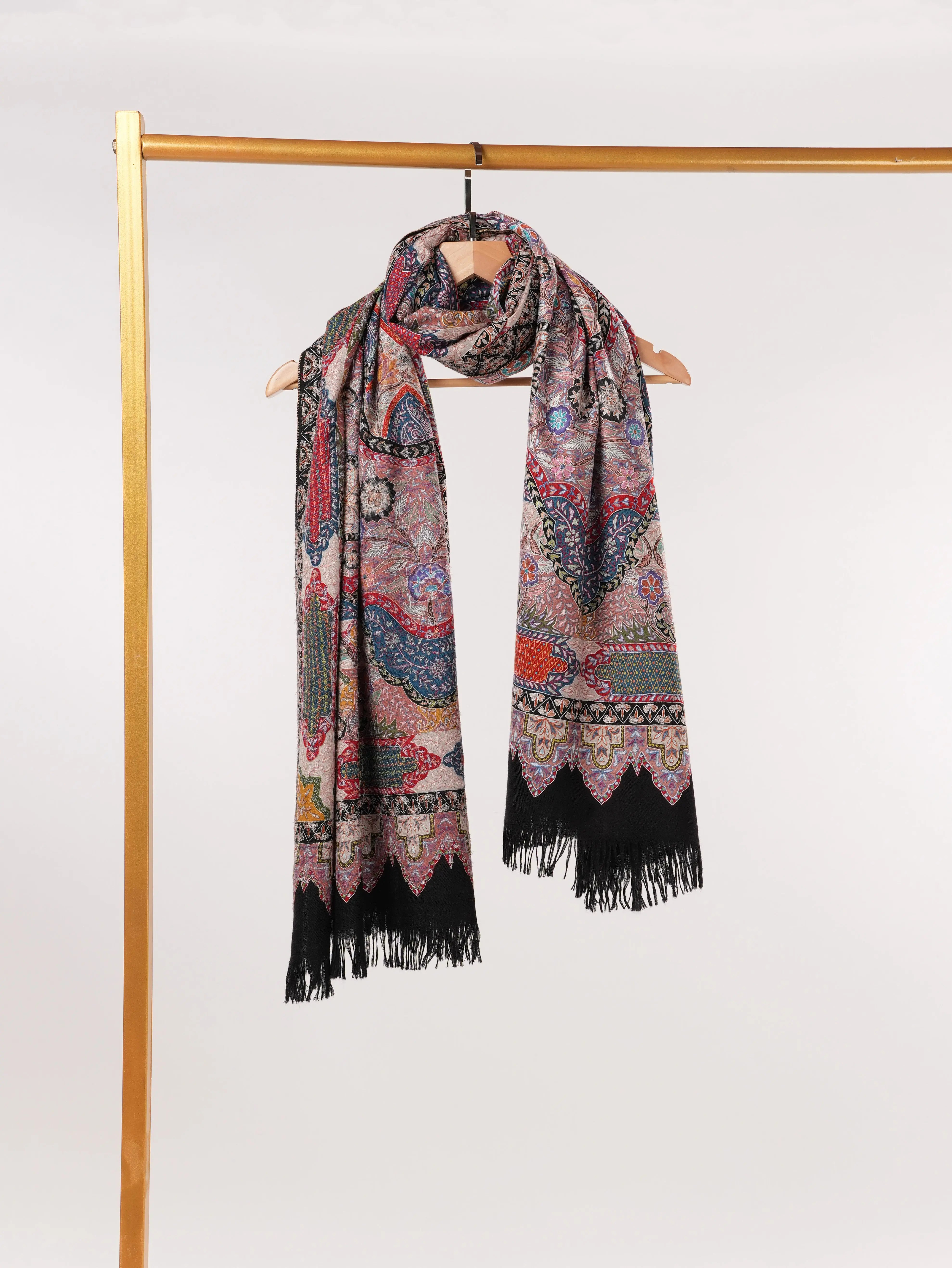 Soft Handwoven Black Pashmina Shawl with Hand Kalamkari Embroidery Shahkaar.com