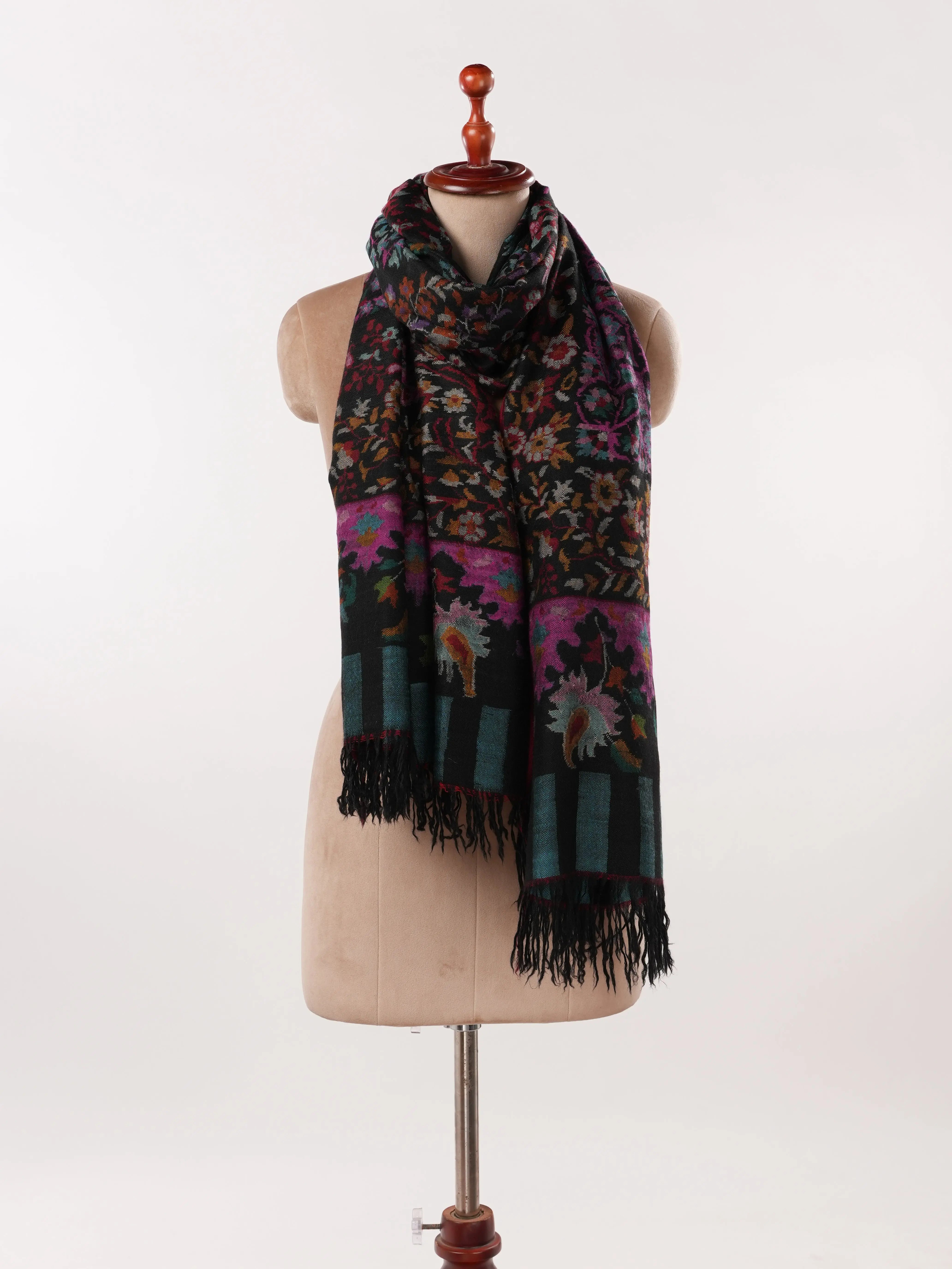 Women's Kani Kashmiri Handwoven Pure Black Pashmina Shawl Shahkaar.com