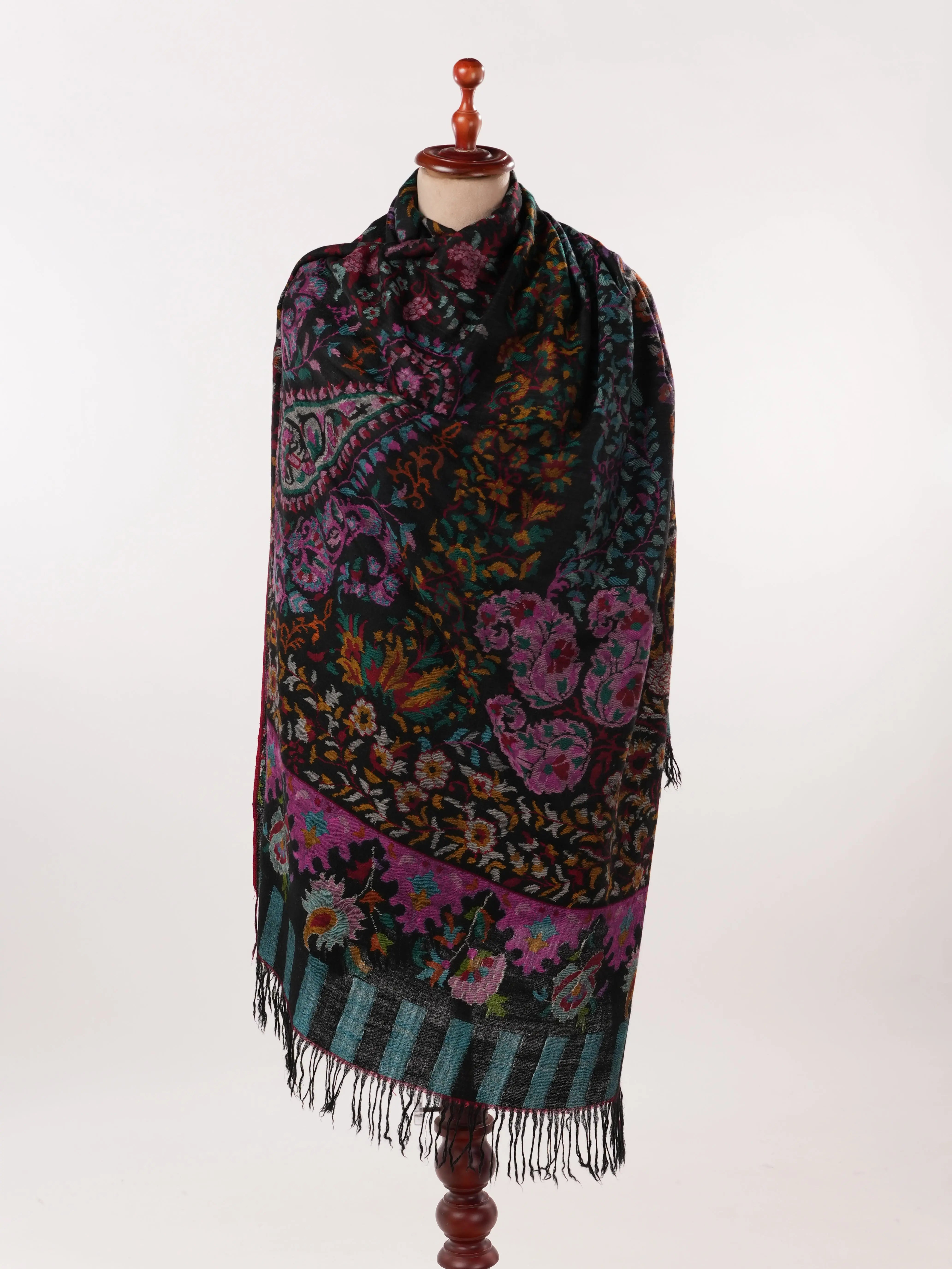Women's Kani Kashmiri Handwoven Pure Black Pashmina Shawl Shahkaar.com