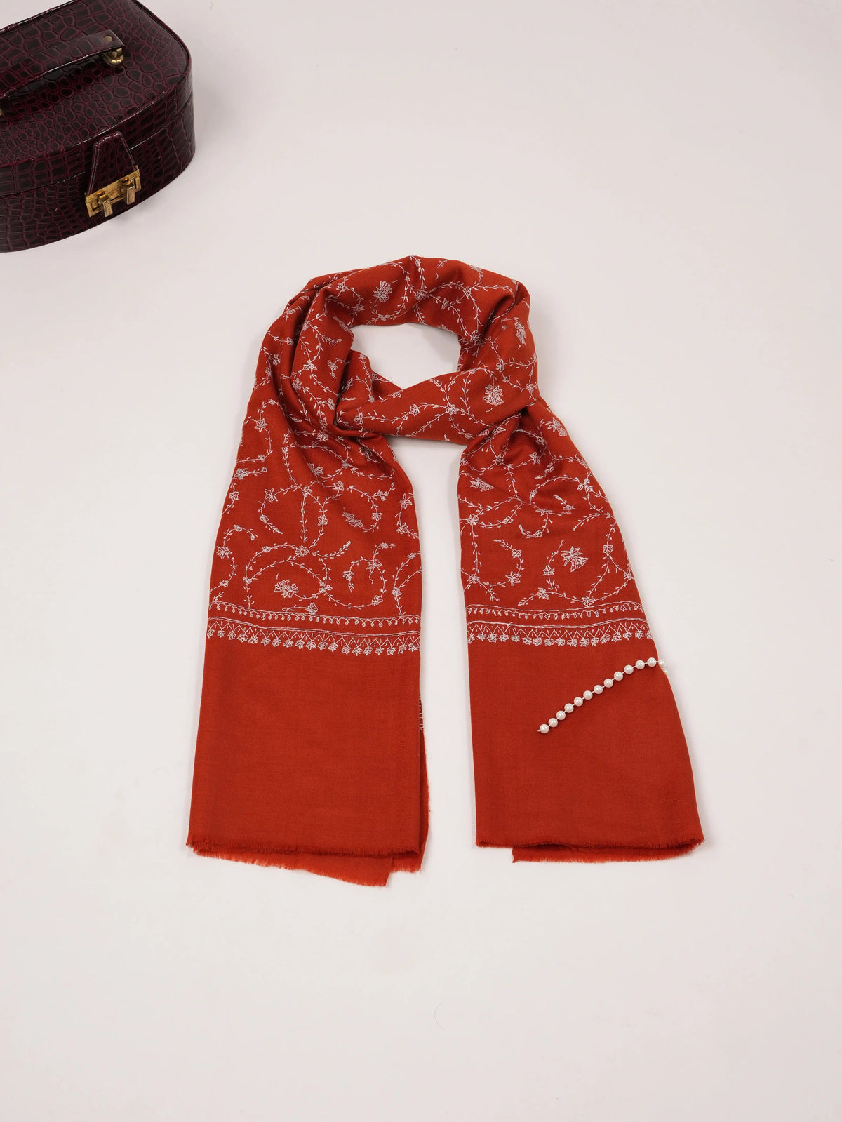 Rust Fine Silk Wool Scarf with Kashmiri Jali Hand Sozni Embroidery Shahkaar.com