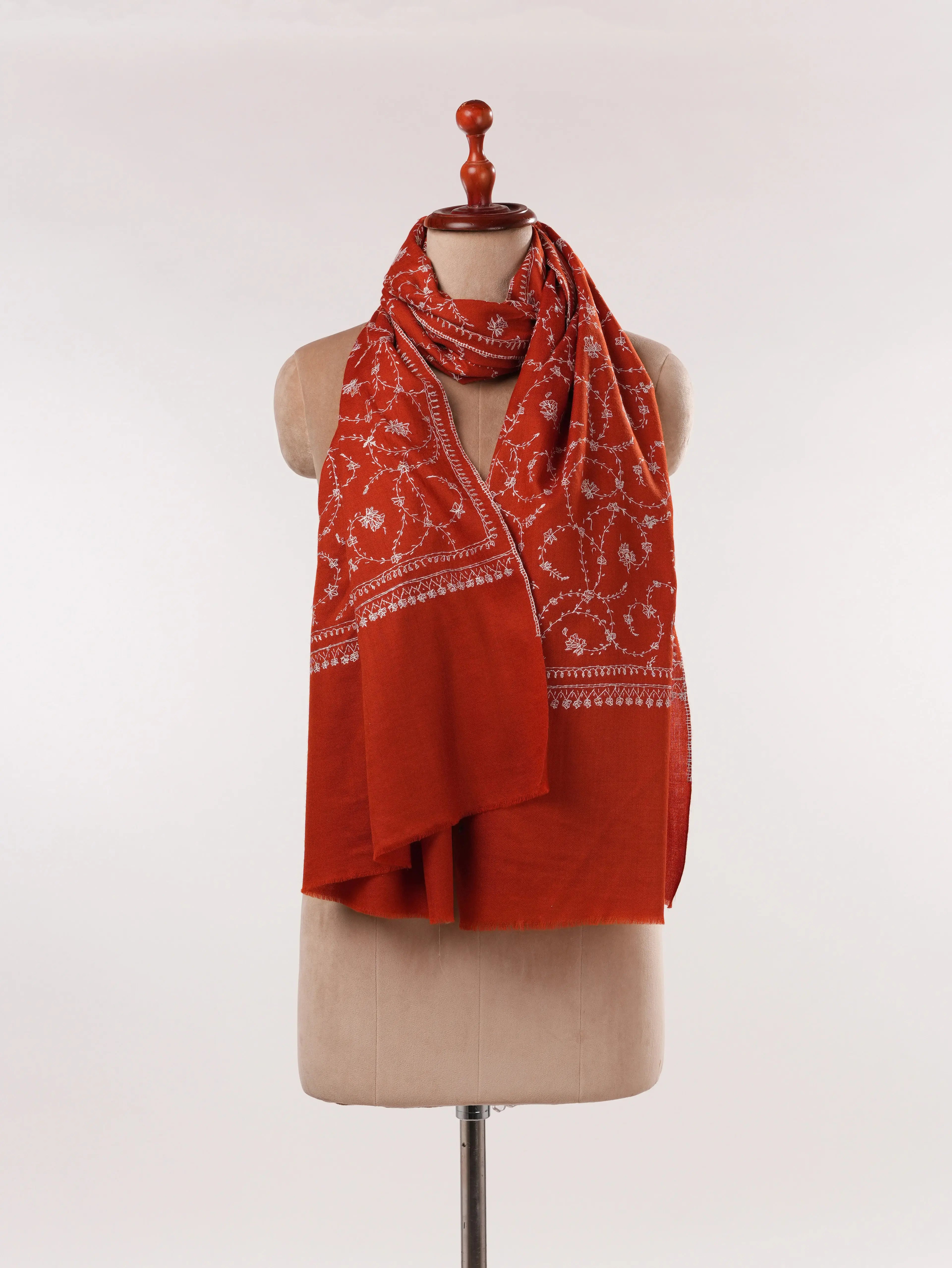 Rust Fine Silk Wool Scarf with Kashmiri Jali Hand Sozni Embroidery Shahkaar.com