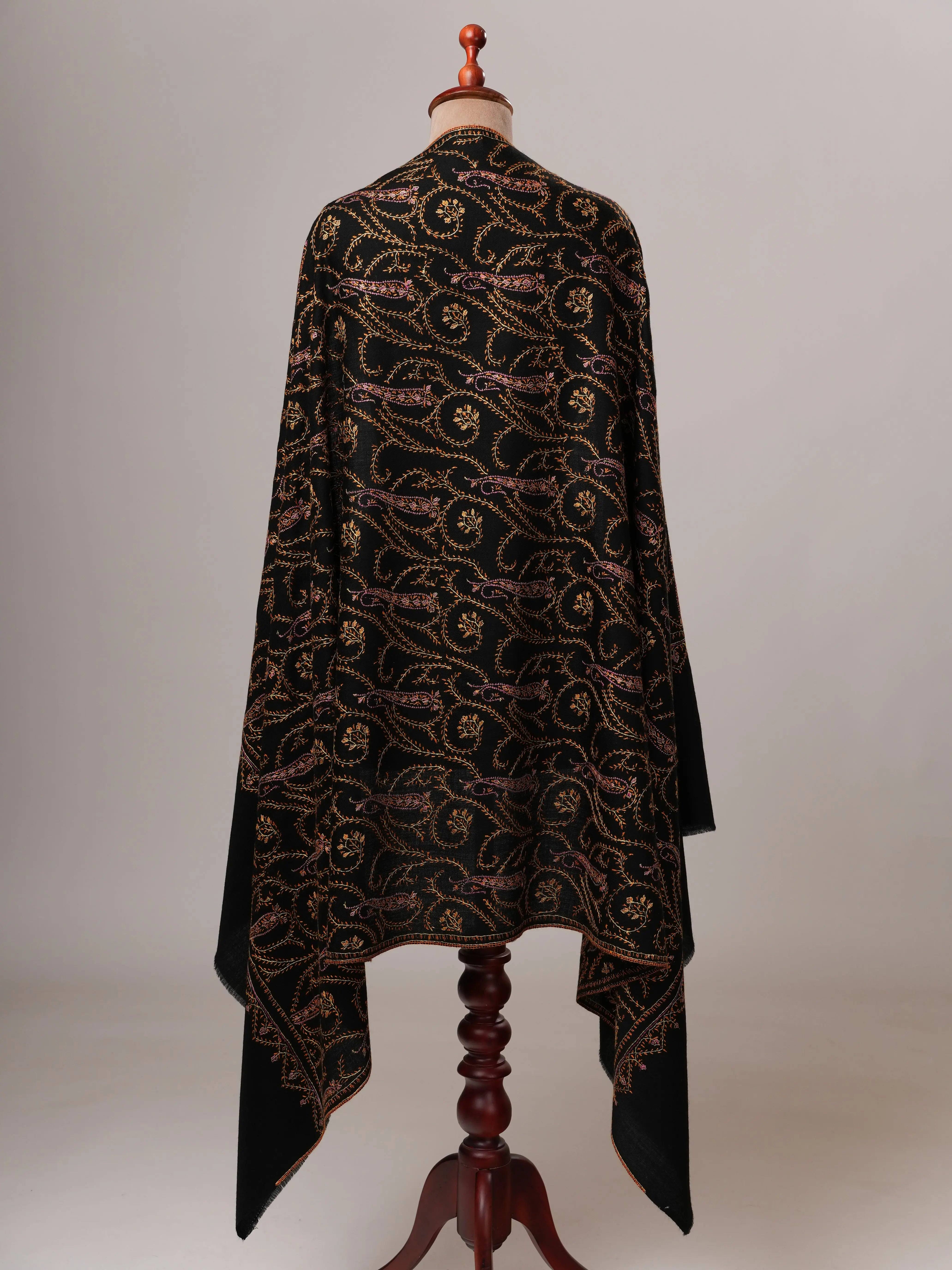 Black Hand Embroidered Jali Fine Wool Warm Shawl Shahkaar